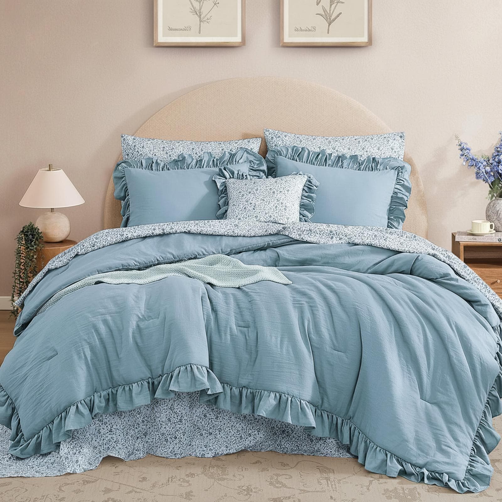 OMOMMD California king Ruffle Floral Bedding Set Ultra Soft Microfiber Comforter Sheets Shams Pillowcases