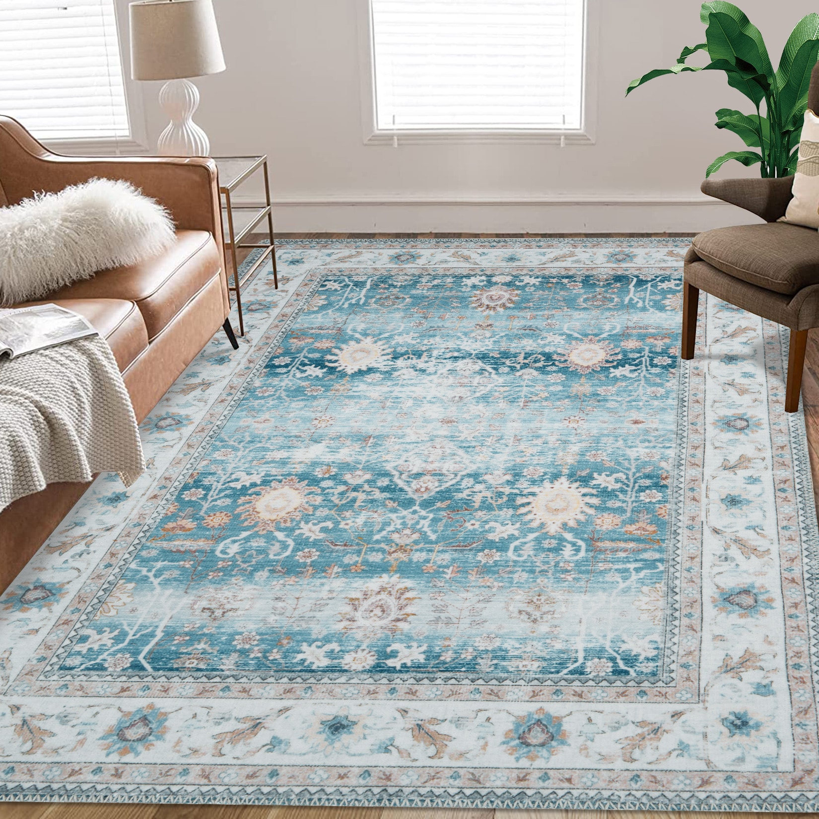 Garvee YXY-LO-PHO-0XT3399W 8 x 10 (ft) Microfiber Blue Rectangular Indoor Floral/Botanical Vintage Machine washable Area rug