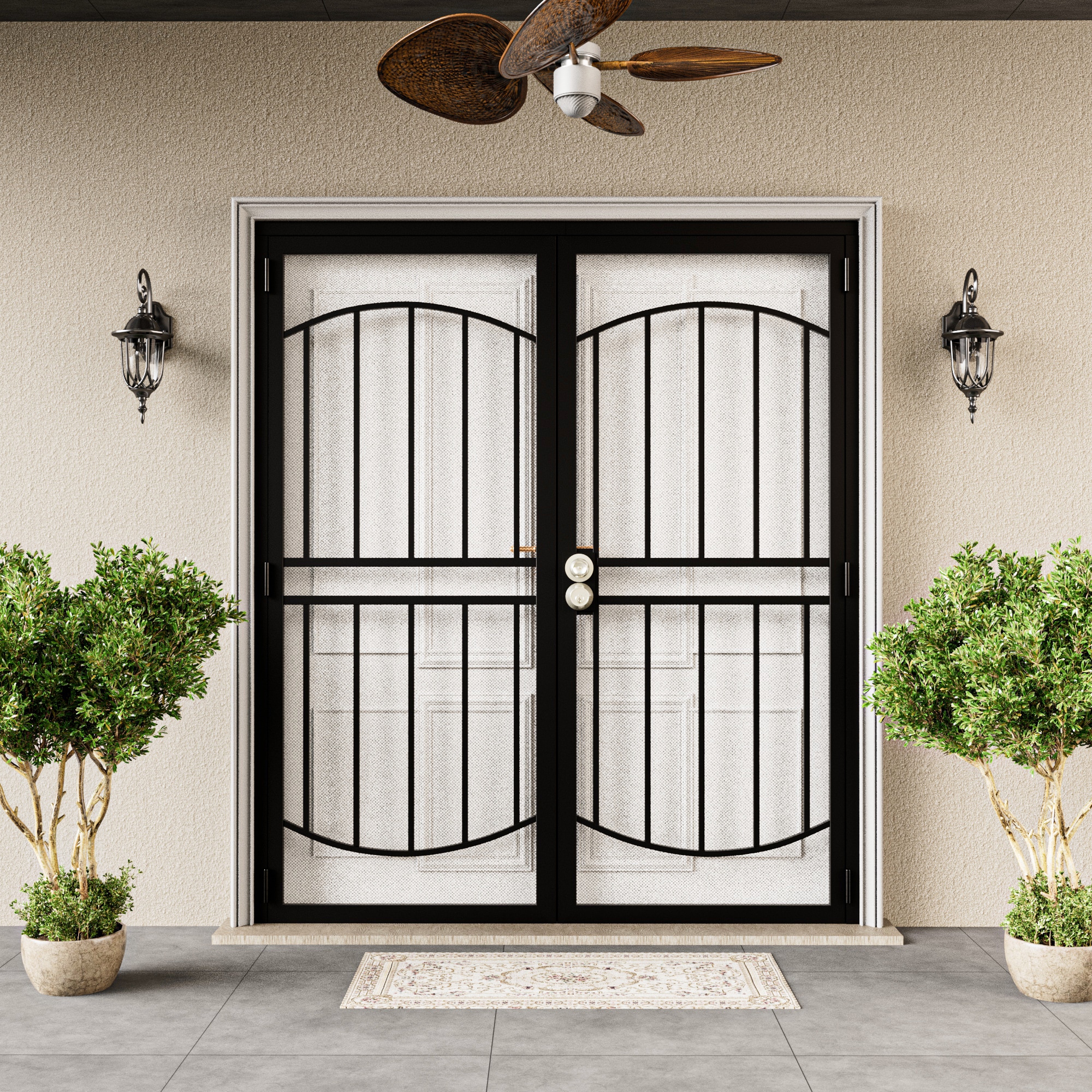 JUJUBON EX-SECDSD-BLYH-L-72 Security door 72-in x 80-in Black Steel Recessed or surface mount Universal/Reversible Prehung Double Security Door with Black Screen and Lockset included