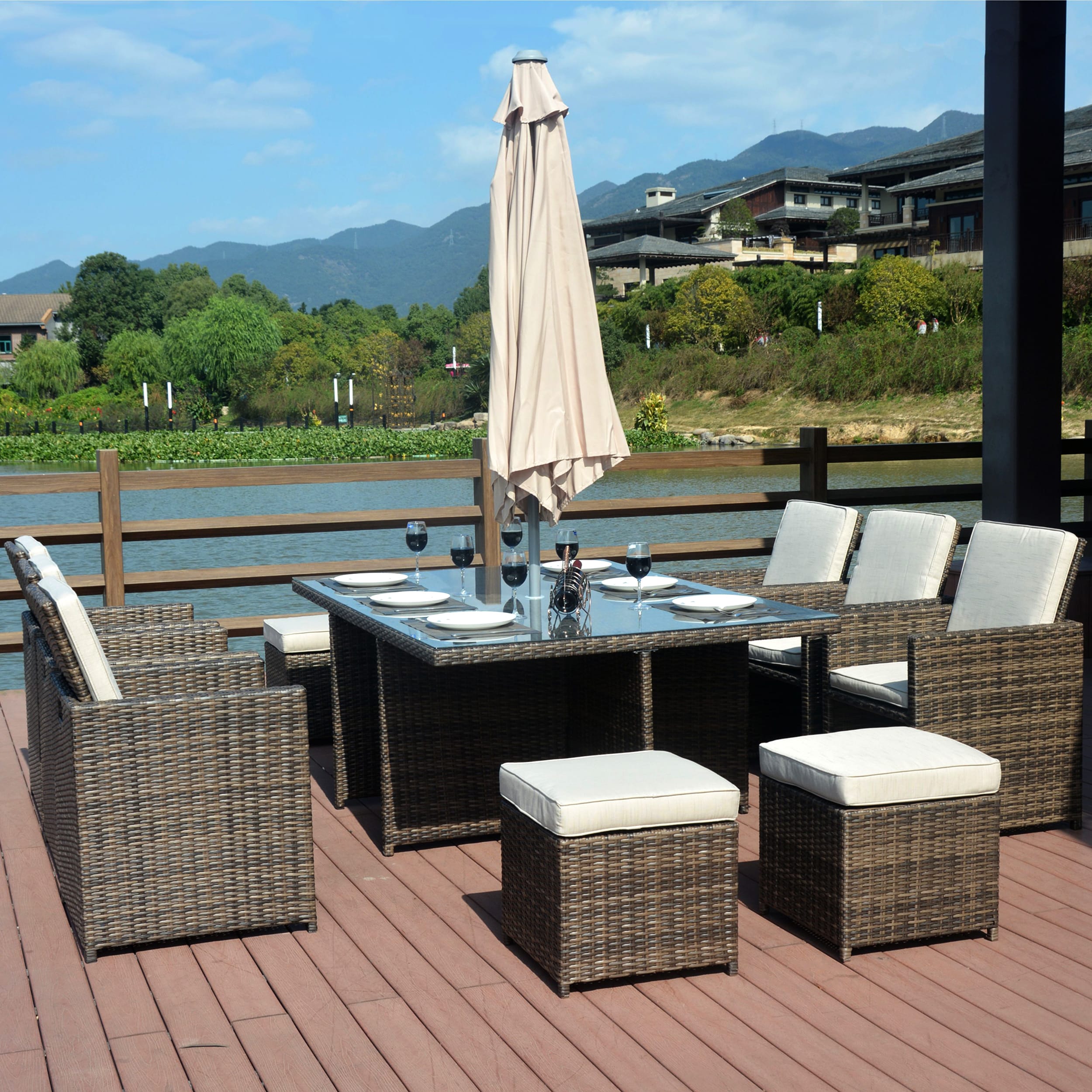 Moda Furnishings C-PAD-3234-B Dining set of 3234 in brown 11 -Piece Brown Rattan Patio Dining Set Rattan Rectangle Table with 6 Tan Cushions Stackable Stationary Chairs