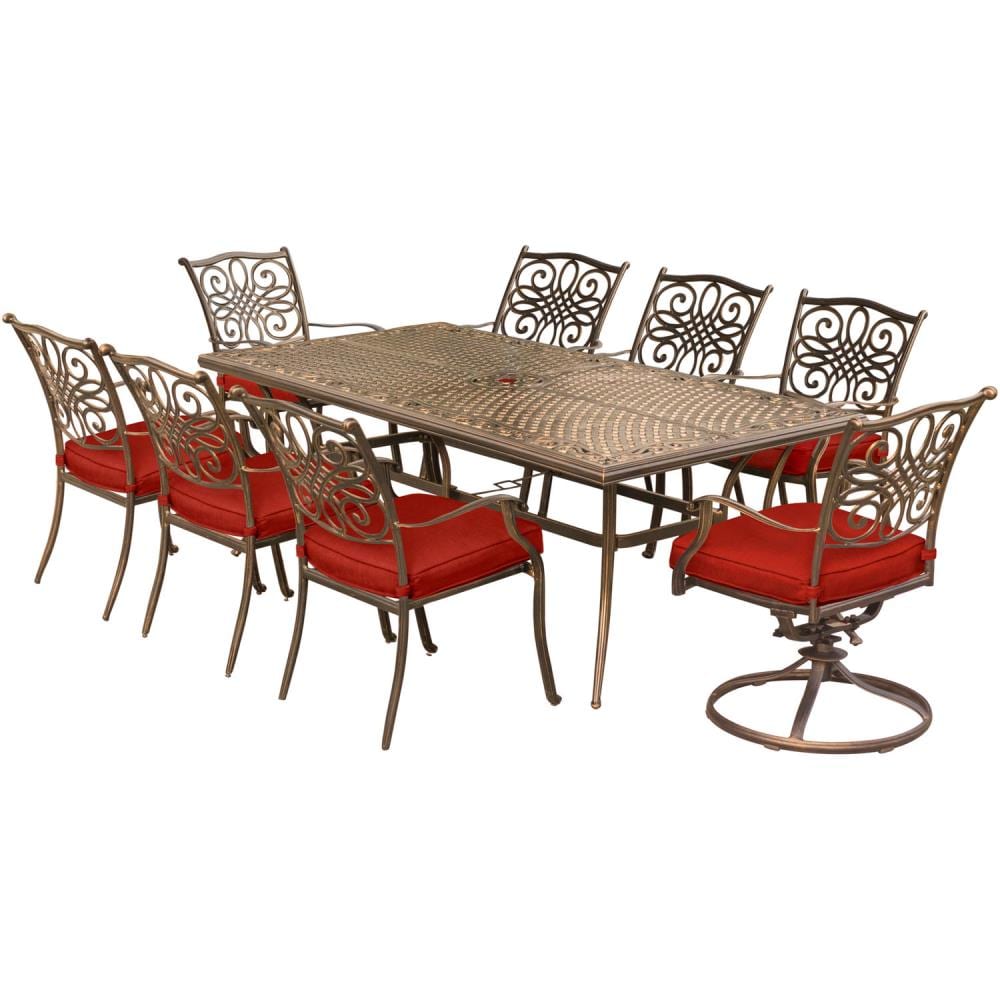 Hanover TRAD9PCSW2-RED Traditions 9-Piece Oil Rubbed Bronze Patio Dining Set Extendable Table Aluminum Rectangle Table with 8 Red Cushions Stackable Stationary Chairs