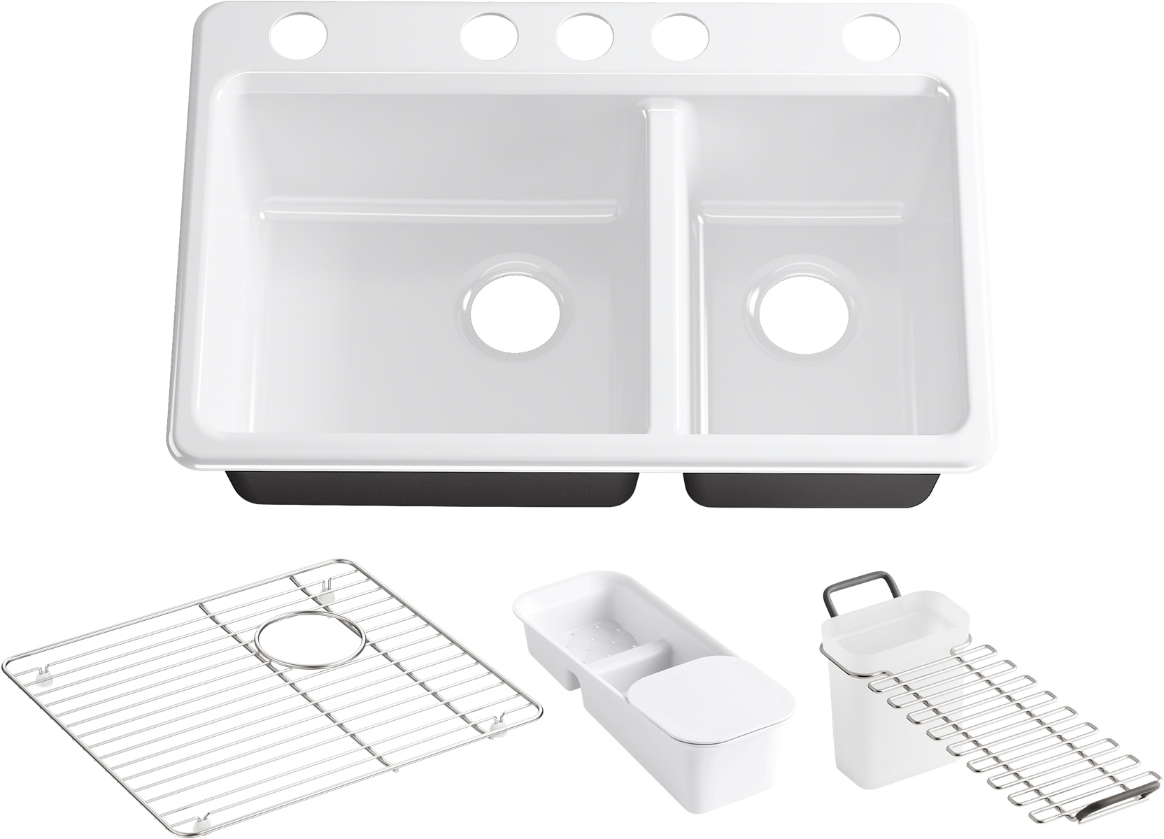 KOHLER 8669-5UA3-0 Riverby Drop-in 33.0-Inches x 22.0-Inches White Cast iron Double offset bowl 5-Hole Workstation Kitchen Sink