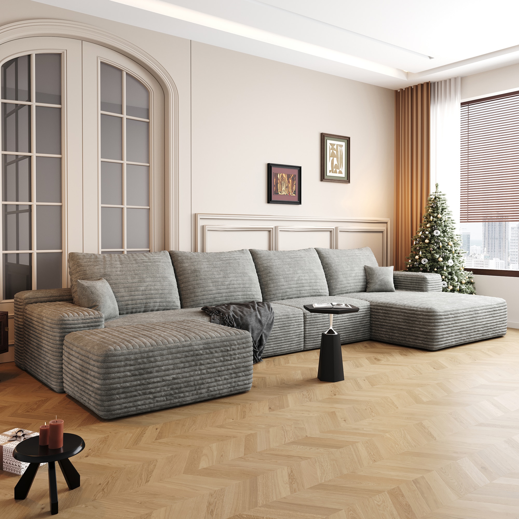 Wooakway 135in Plush Corduroy Ottoman  No Assembly Footrest Stool  Modern Cloud Sofa Ottoman for Living Room  Grey