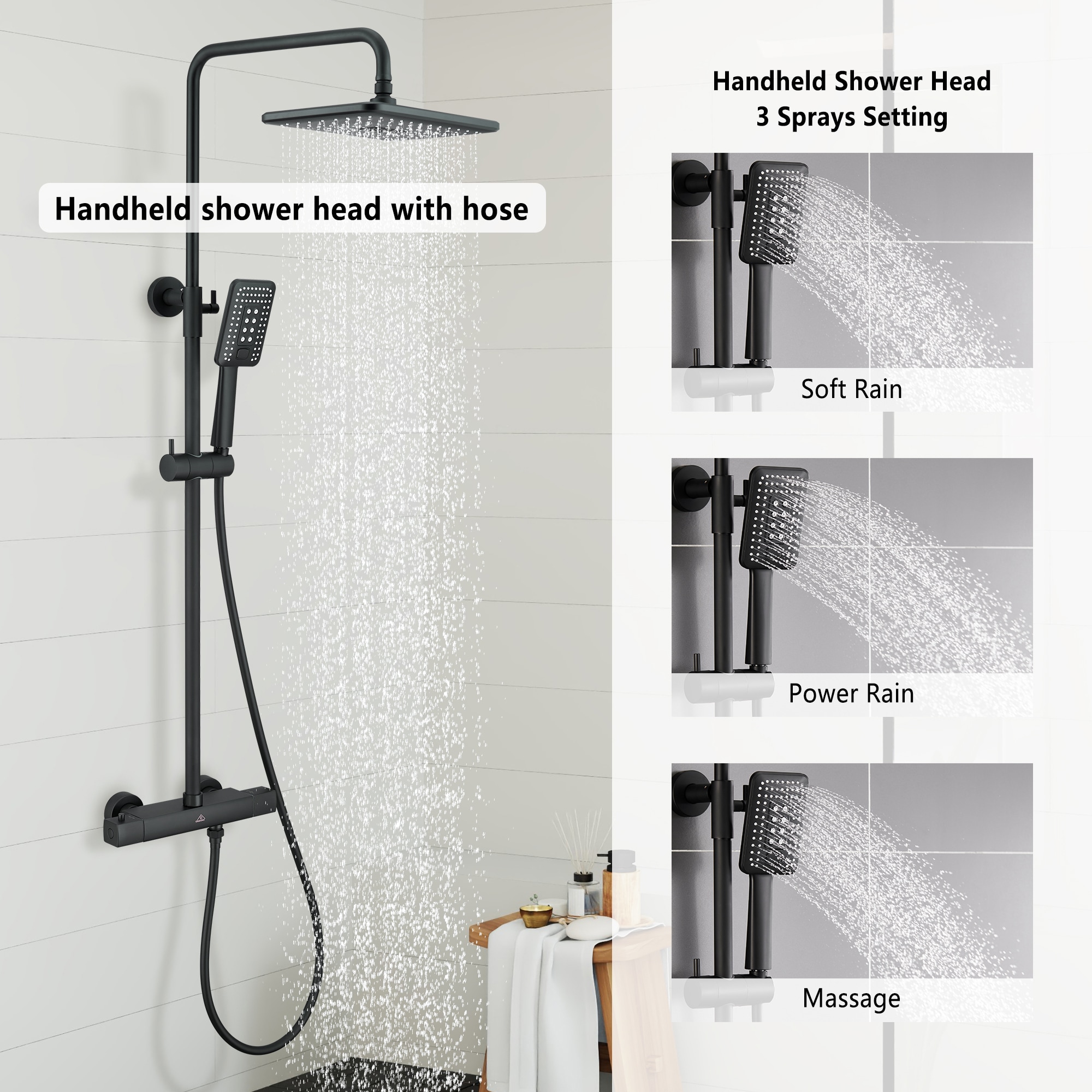 Matte Black Adjustable Height Rain Shower System with Handheld