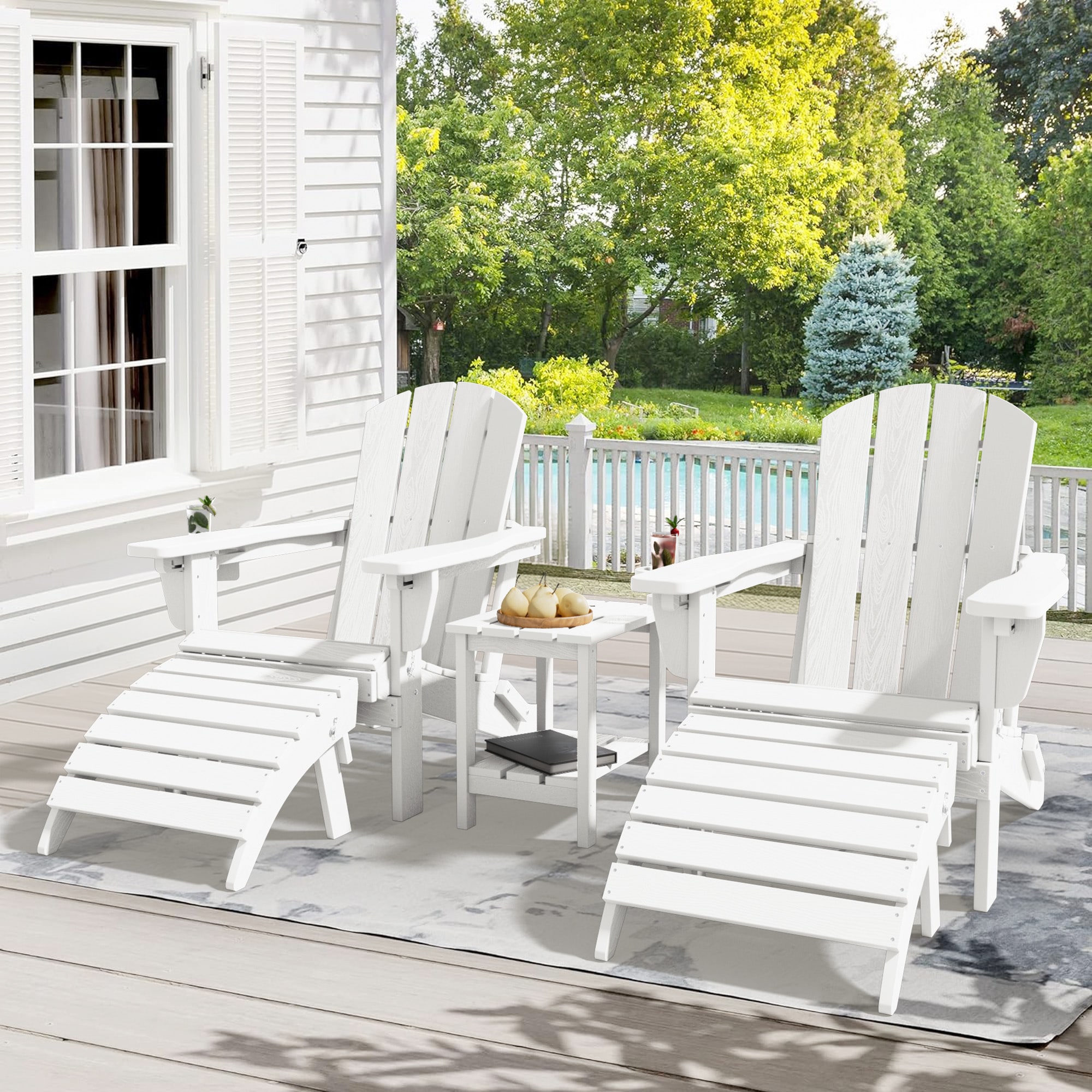 VOUA PE5JT-WE Adirondack Chairs with 2 Foldable Ottomans and Table 5 -Piece Patio Conversation Set