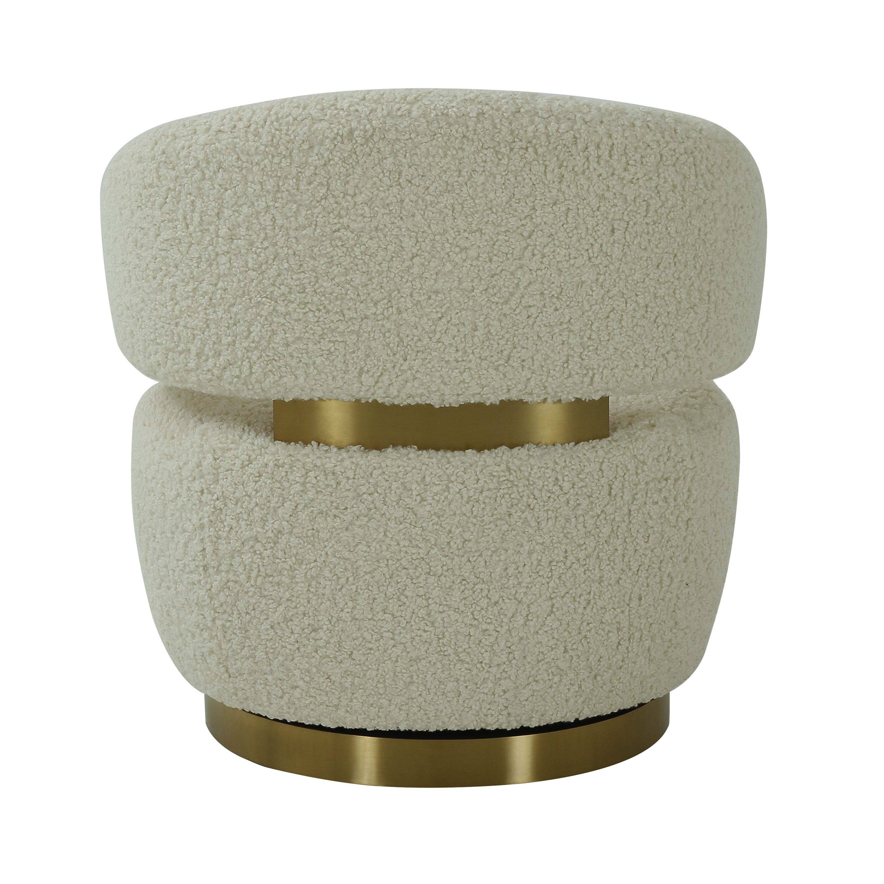 Beige Velvet Barrel Swivel Chair with Brass Base
