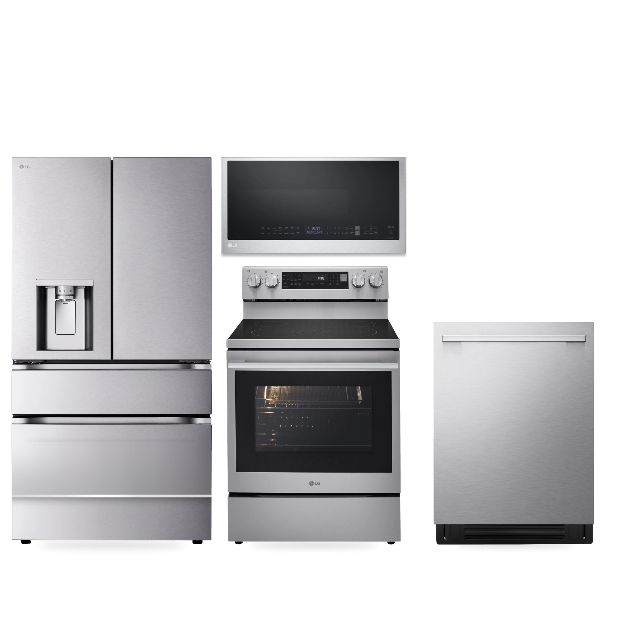 LG Mini Craft Ice 4-Door French Door Refrigerator, Electric Air Fry Range, 1-Hour Wash and Dry Dishwasher and Over-the-Range Microwave Kitchen Appliance Package, Stainless Steel