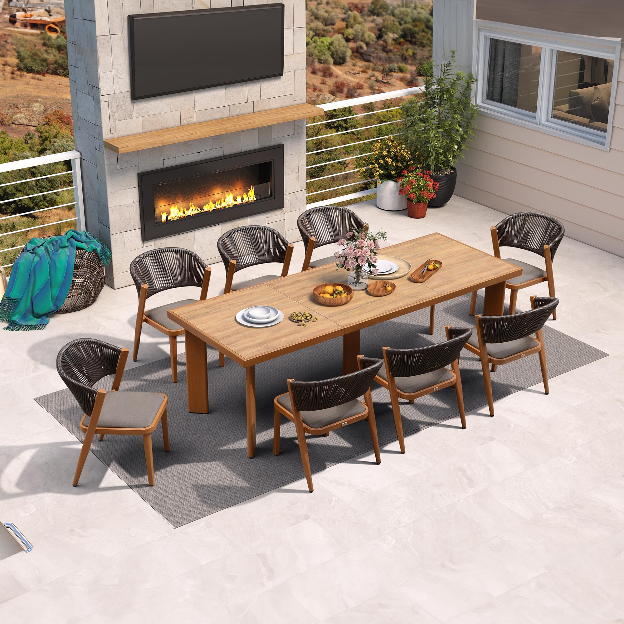 PURPLE LEAF LS04-DSMZ09-AW-250 9 -Piece 9 pieces Rattan Patio Dining Set Extendable Table Aluminum Rectangle Table with 8 Gray Cushions Stationary Chairs