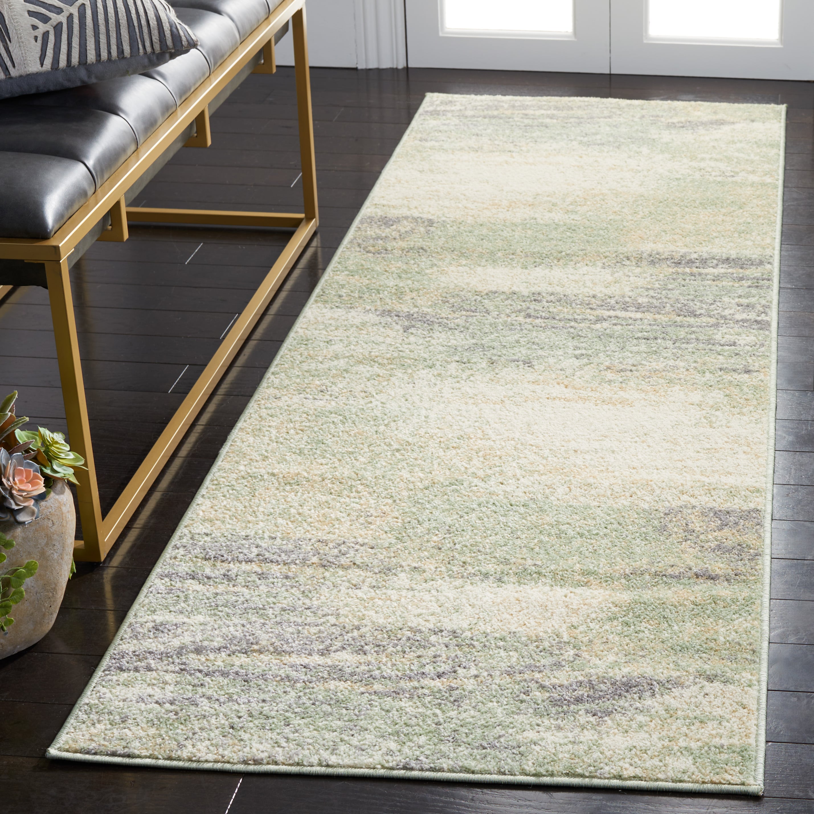 Ivory and Sage Abstract Synthetic Runner Rug, 2'6" x 8'