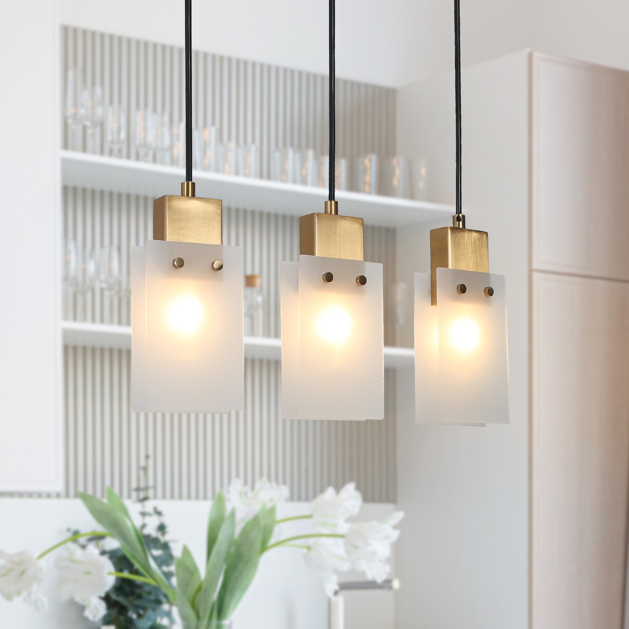 ZEVNI L3MQQVNRW92C3ST8 Orval 3 -Light Matte Black and Gold DIY Farmhouse Opal glass Linear Medium Hanging Kitchen island light