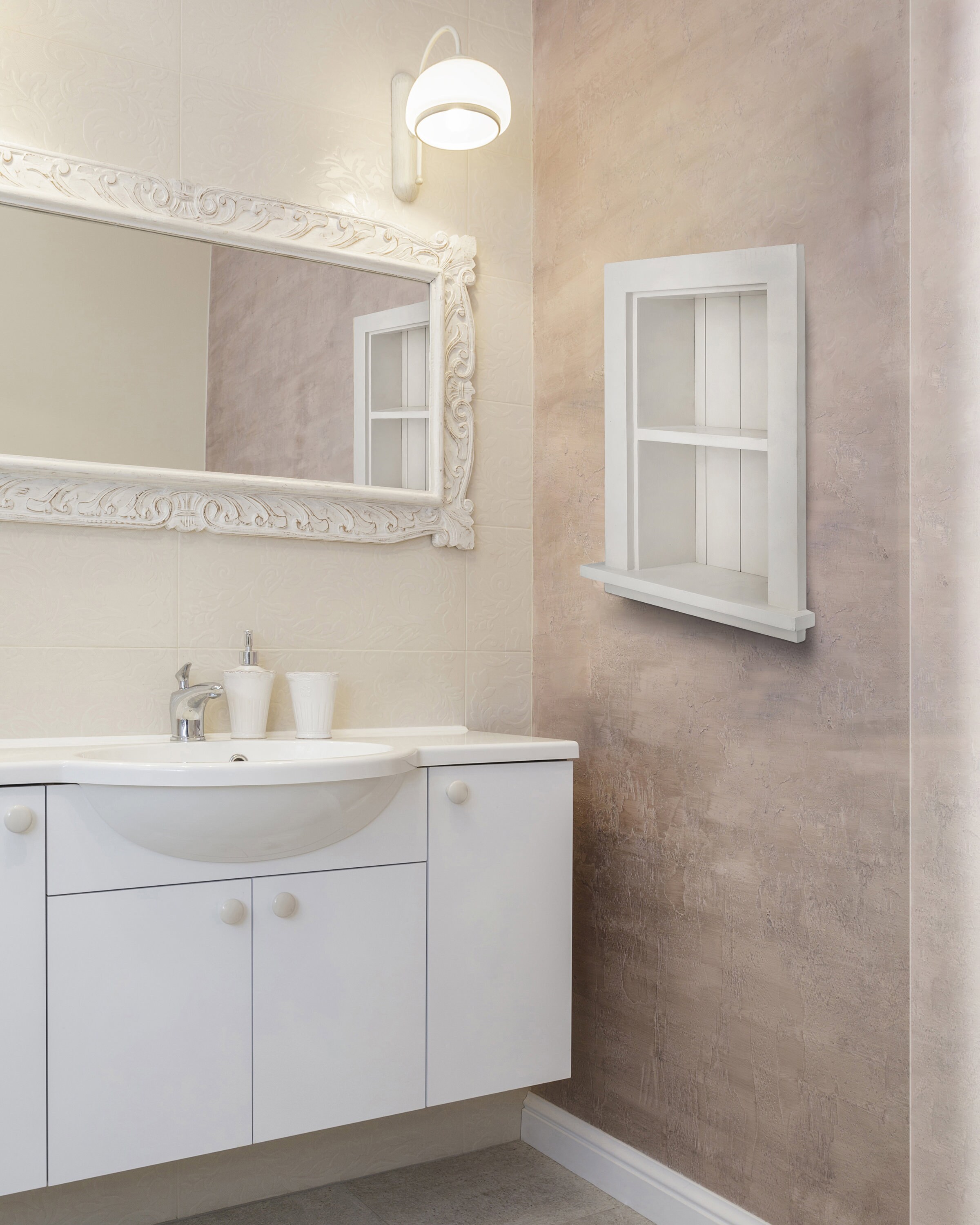 White Slatted Bathroom Wall Shelf - AEWholesale