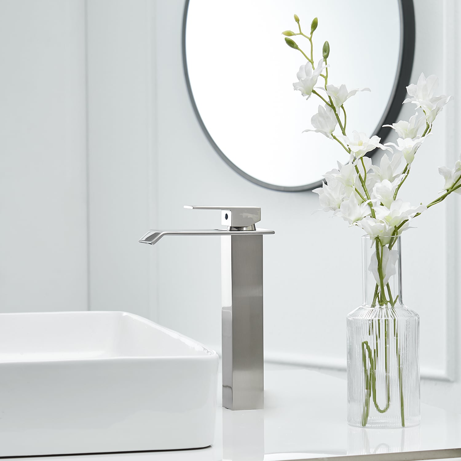 Brushed Nickel Waterfall Vessel Sink Faucet with Pop-Up Drain