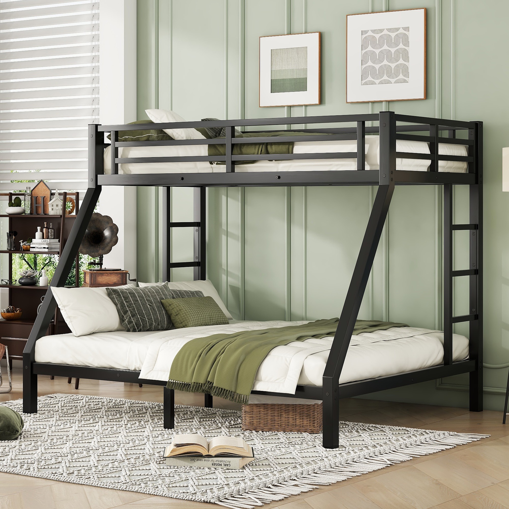 Bellemave Black Twin XL Over Queen Metal Bunk Bed with 2 Side Ladders and Full Length Guardrails Noise Reduced Space Saving Heavy Duty for Teens Adults No Box Spring Needed