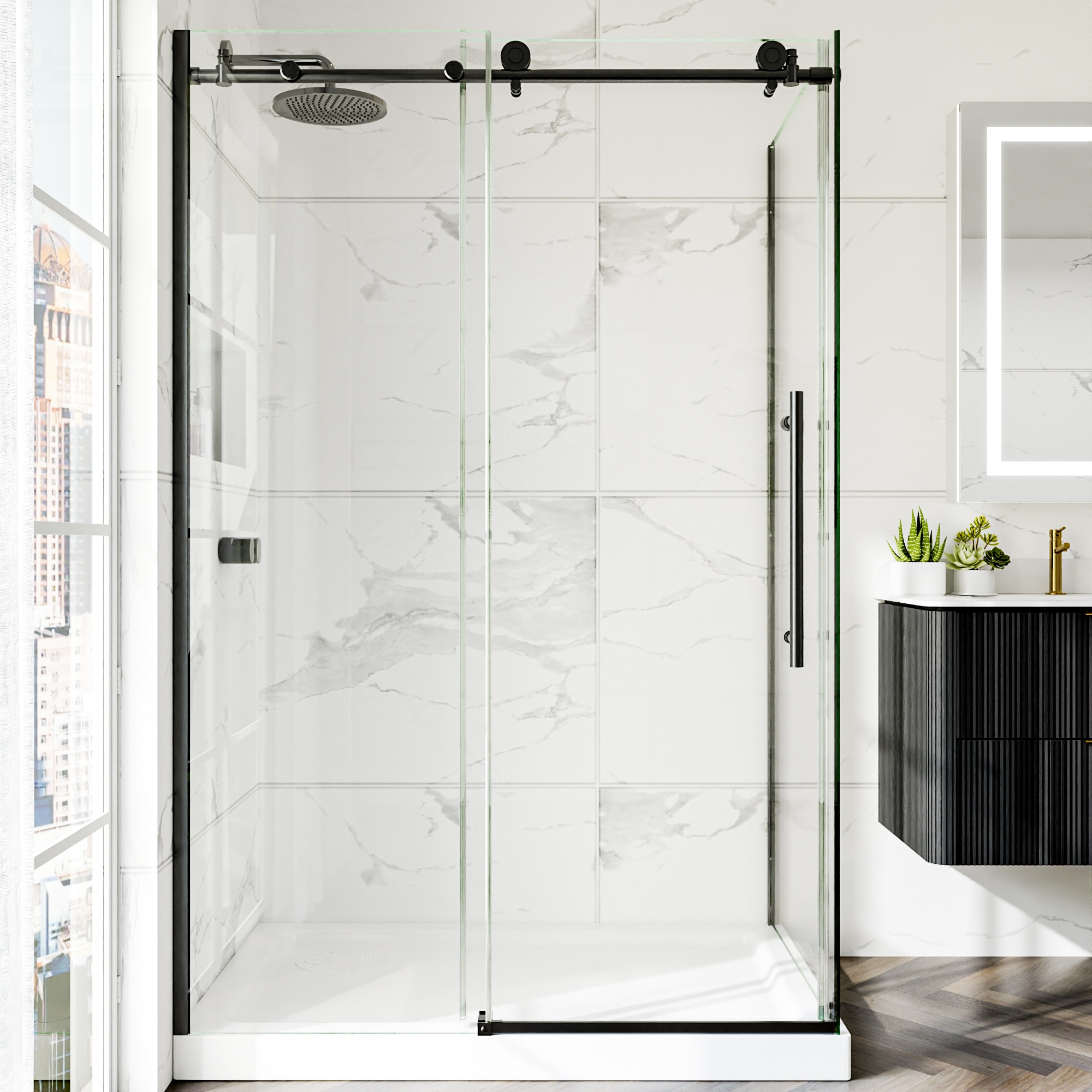 WELLFOR CB34 Sliding Shower Door Matte Black 44-in to 48-in W x 72-in H Semi-frameless Clear Glass Corner Sliding Shower door