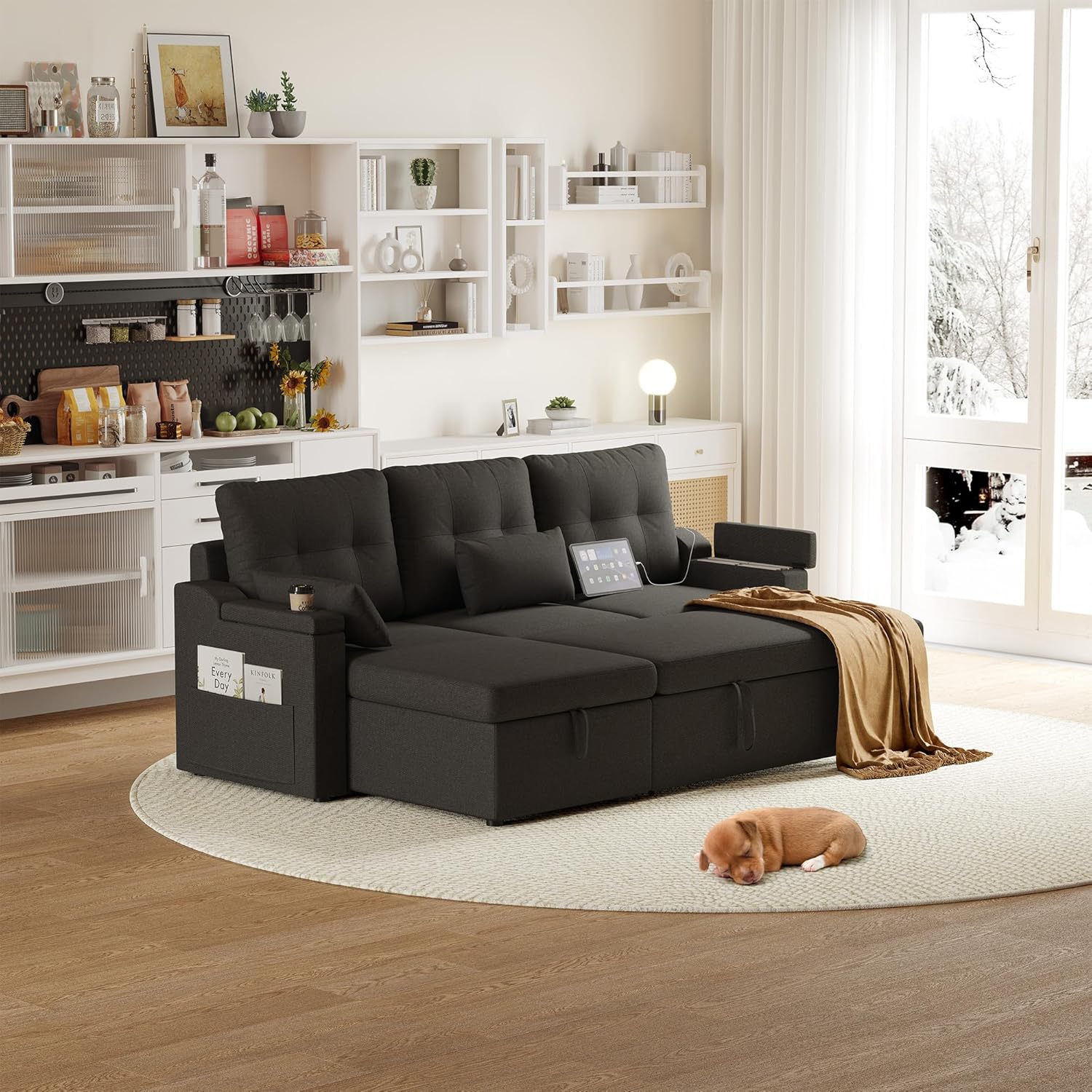 Der Rose PHO_34QTTWBF Reclining Sofa Sofa Bed with Storage  Modern L-Shaped Sectional Lounge with Pull-Out Bed Flip-Flop Removable Cushion Covers USB Type-C Port Living Room Black