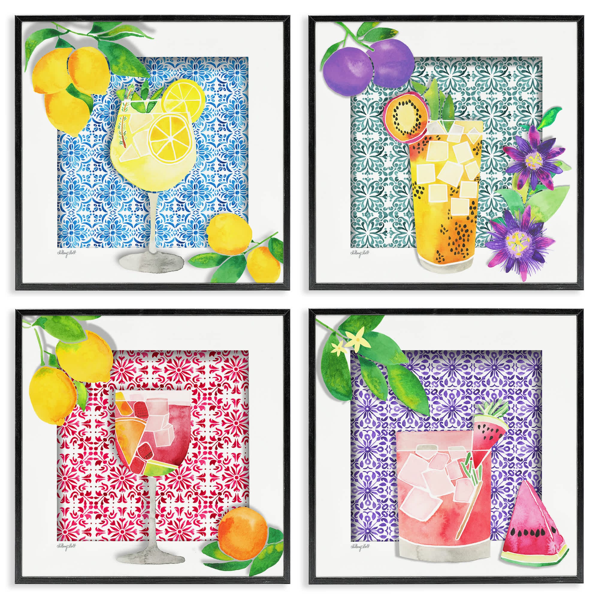 Stupell Industries A4-300-FR-4PC-17X17 Bright Patterned Fruit Cocktails 4pc Framed Giclee Set design by Hillary Holt