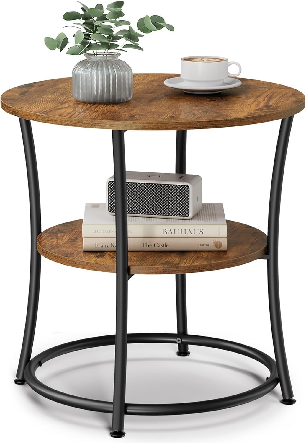 SONGMICS HOME LET56BX Round Side Table with 2 Storage Shelves Rustic Brown and Ink Black
