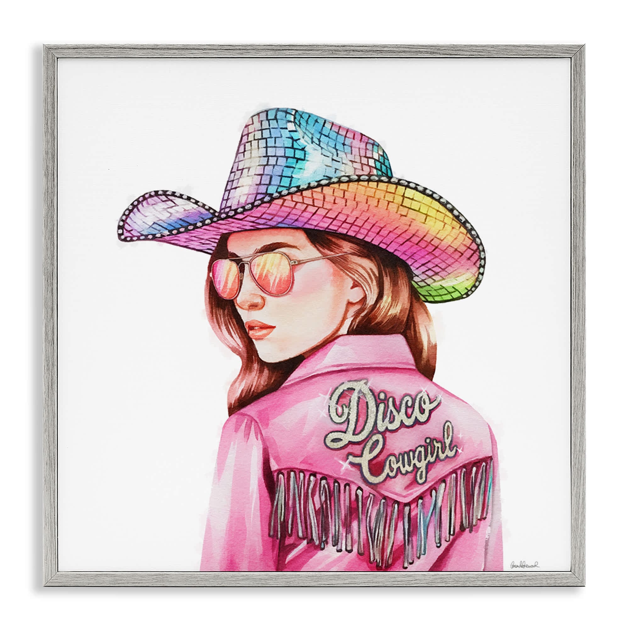 Stupell Industries Pink Disco Cowgirl Gray Framed Giclee Art By Amanda ...