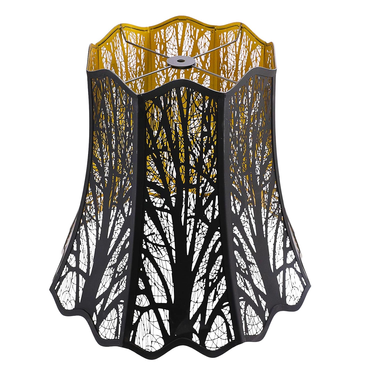 Alucset Octagonal Wave Metal Lamp Shade with Etched Forest Pattern Spider Fitter 10 Inch Top 16 Inch Bottom 14.75 Inch Height for Table and Floor Lamps Black and Gold Finish