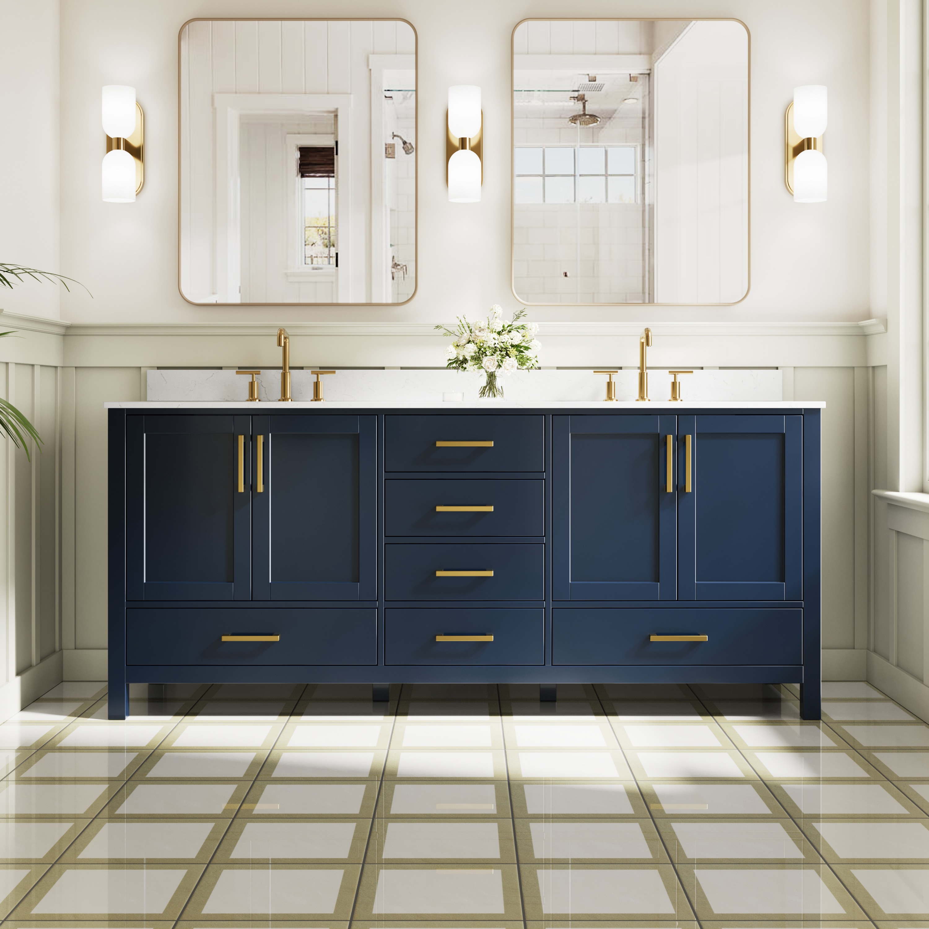 WELLFOR OSA Solid Wood 80-in Navy Blue Undermount Double Sink Bathroom Vanity with Carrera white Cultured Marble Top (Fully Assembled)