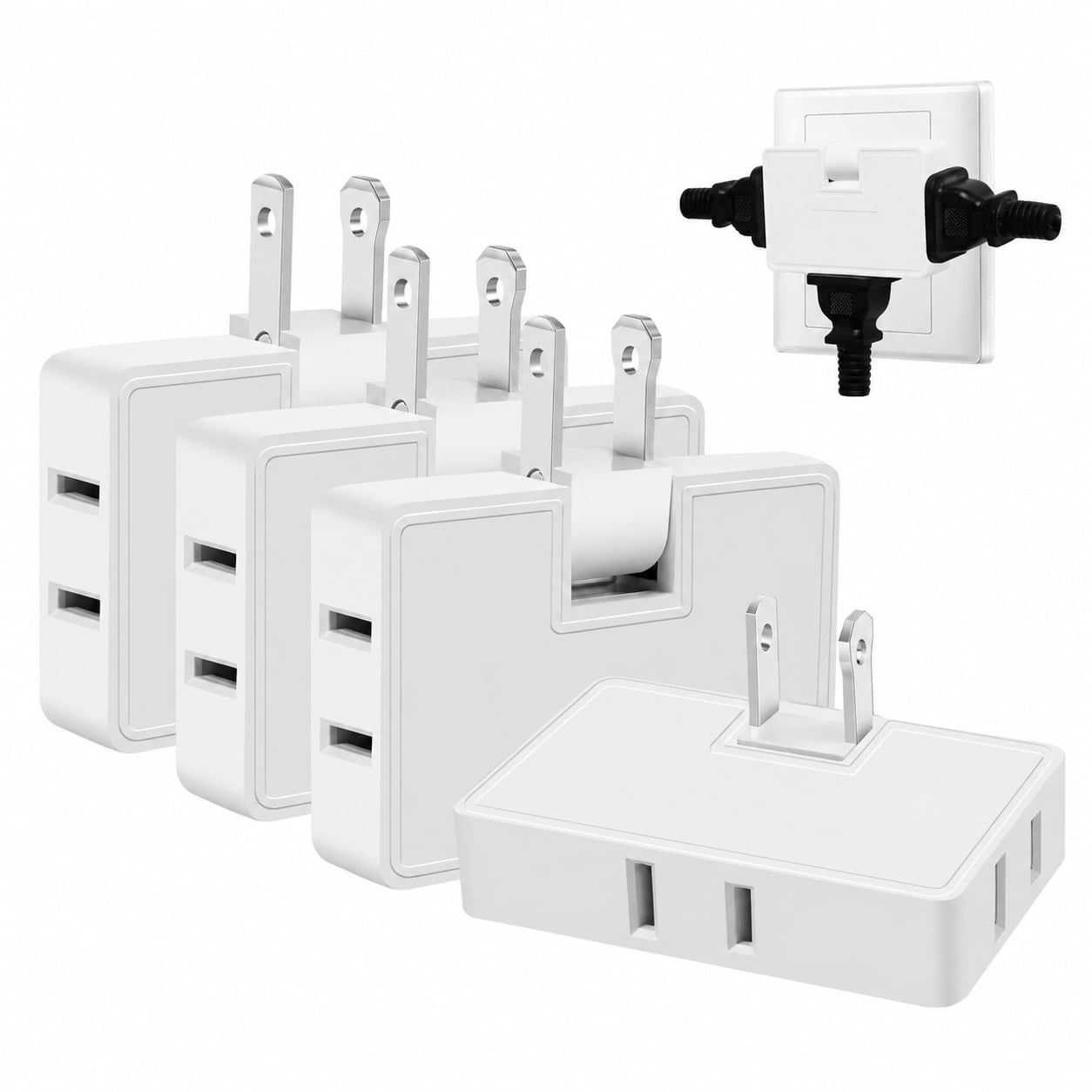 Aoibox 4 Pack 3 Way Flat Wall Outlet Extender 180 Degree Rotatable Foldable Plug Adapter Splitter in White #LABEYAHT