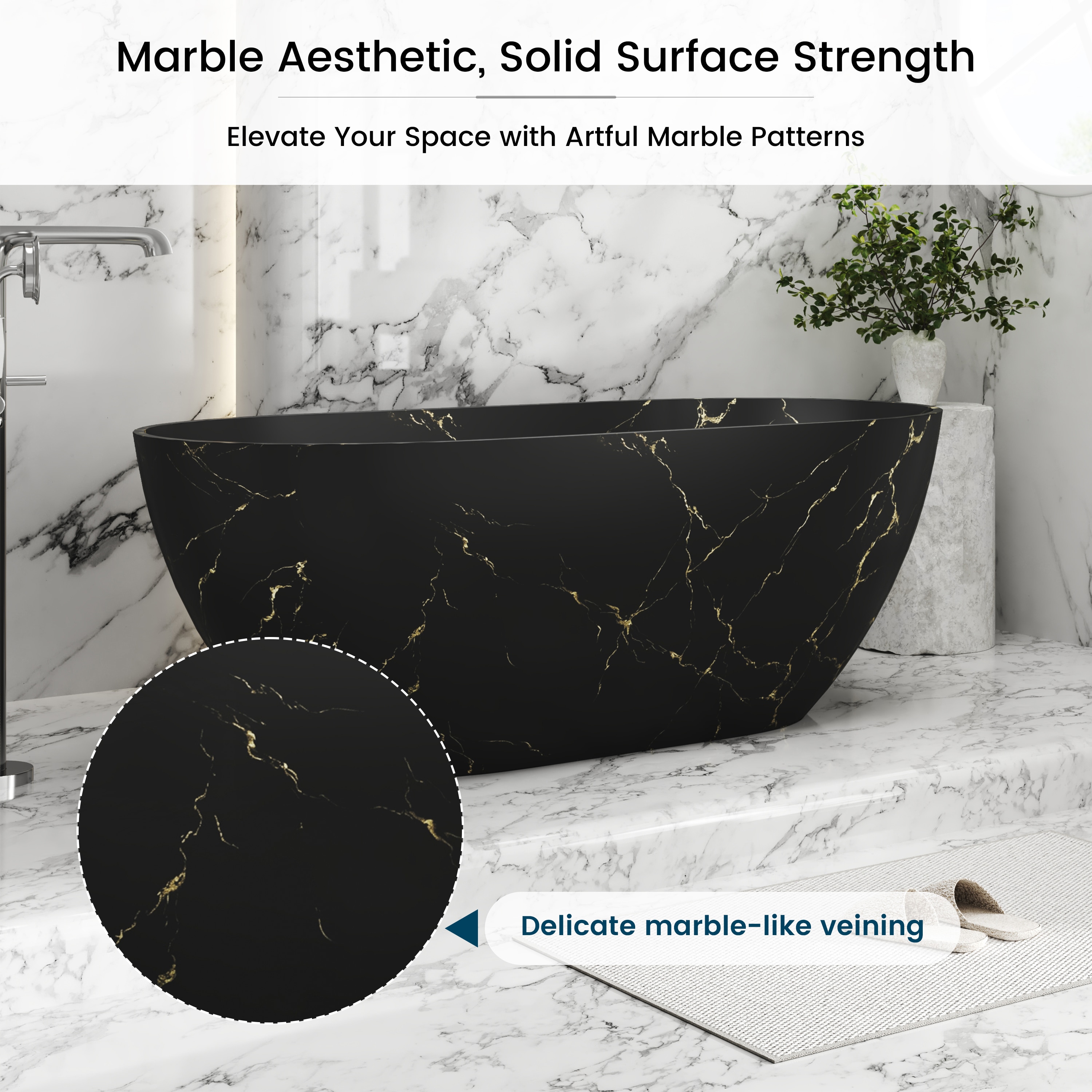 CASAINC 29.5-in x 59-in Marble-Look Solid Surface Oval Freestanding ...