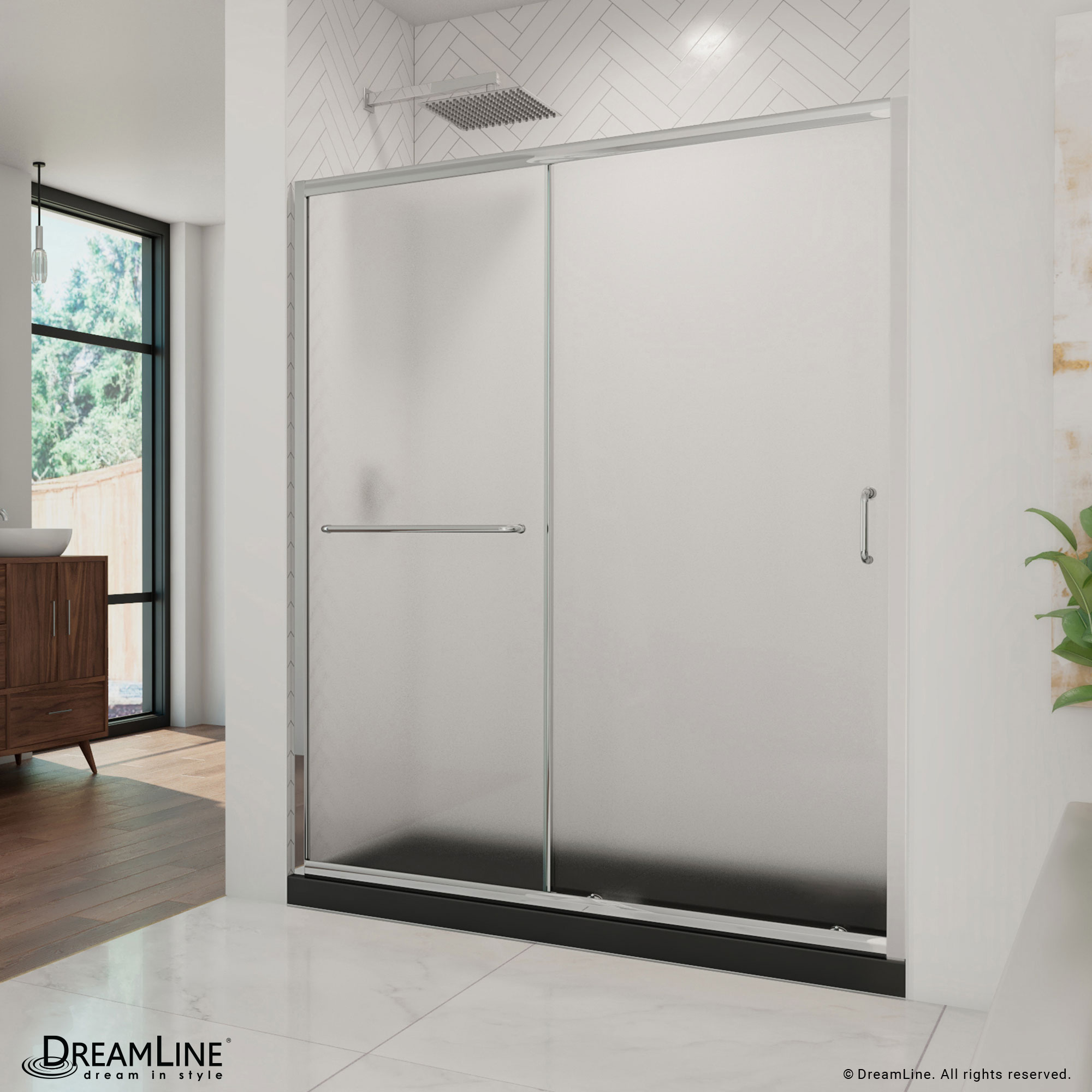 DreamLine DL-6970C-88-01F Infinity-Z 2 -Piece 60-in W x 30-in L x 75-in H Rectangular Alcove shower kit ( Center Drain) Base and Door Chrome Hardware Included