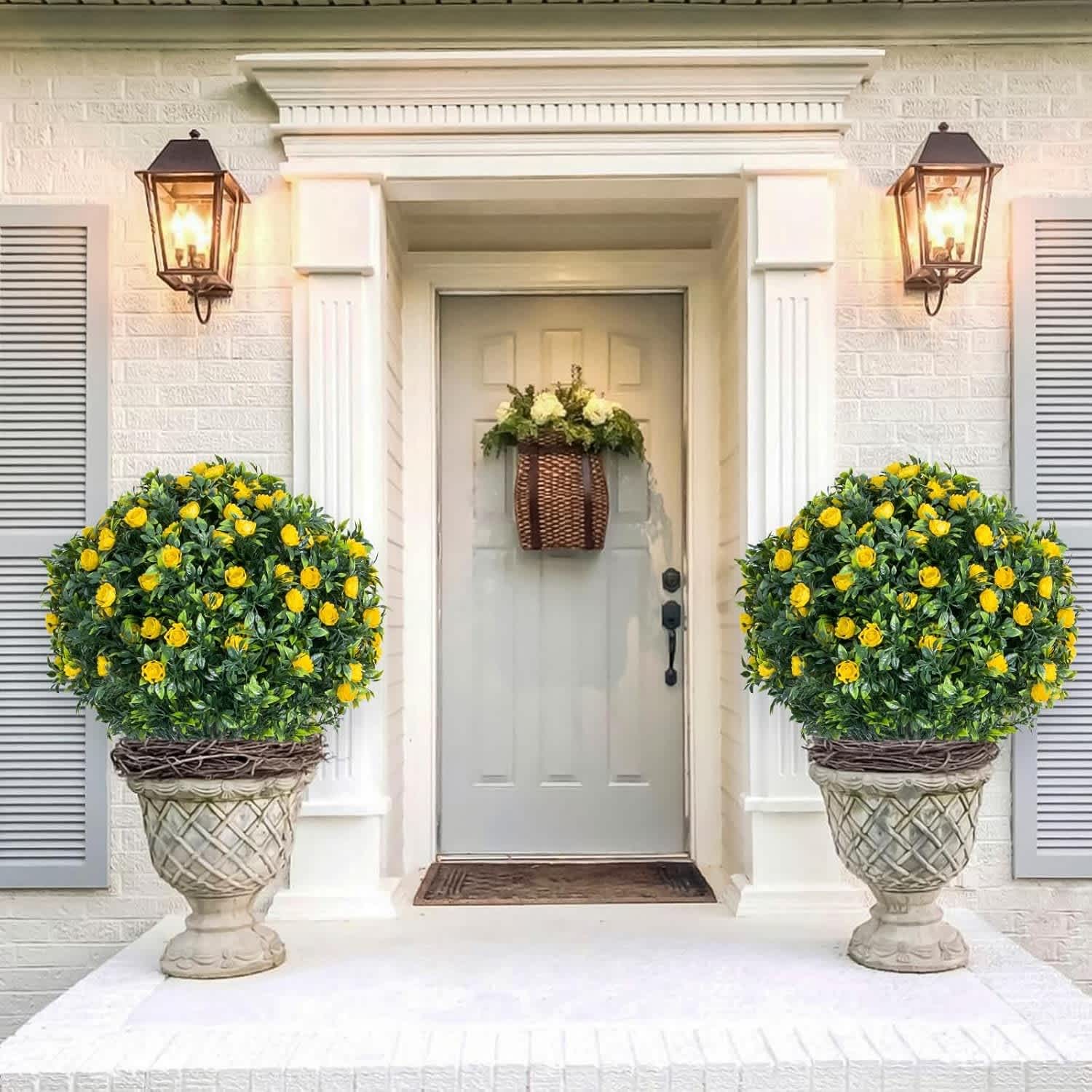 Qeetex GGL-PHK-34CAA5HA 23in Artificial Topiary Flower with Ground Spike-Artificial Topiary Ball Trees with Rose Flowers- PE Fake Plants with Metal Stakes for Indoor and Outdoor Decor 2 Pack Yellow