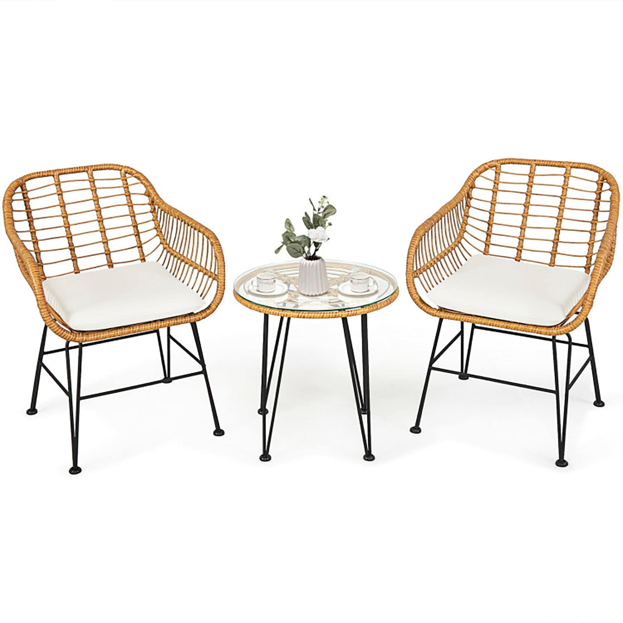 Boyel Living BL-OP70839WH 3-Piece Metal Rattan Patio Conversation Set with White Cushioned Chair Table