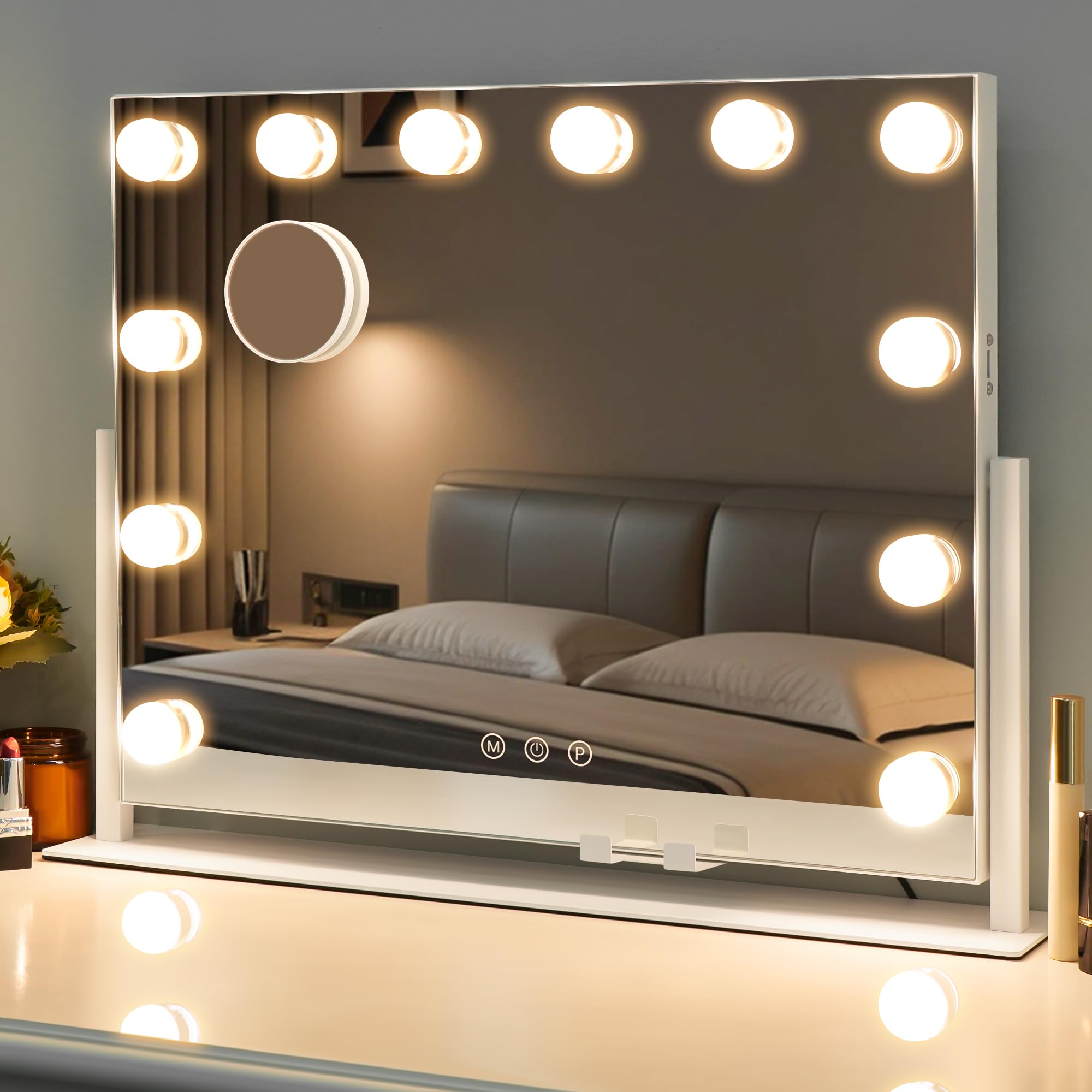 OMOMMD - 22 X 17 in Lighted Vanity Mirror 3 Modes Touch Sensor 360 Rotatable Detachable 15x Spot ...
