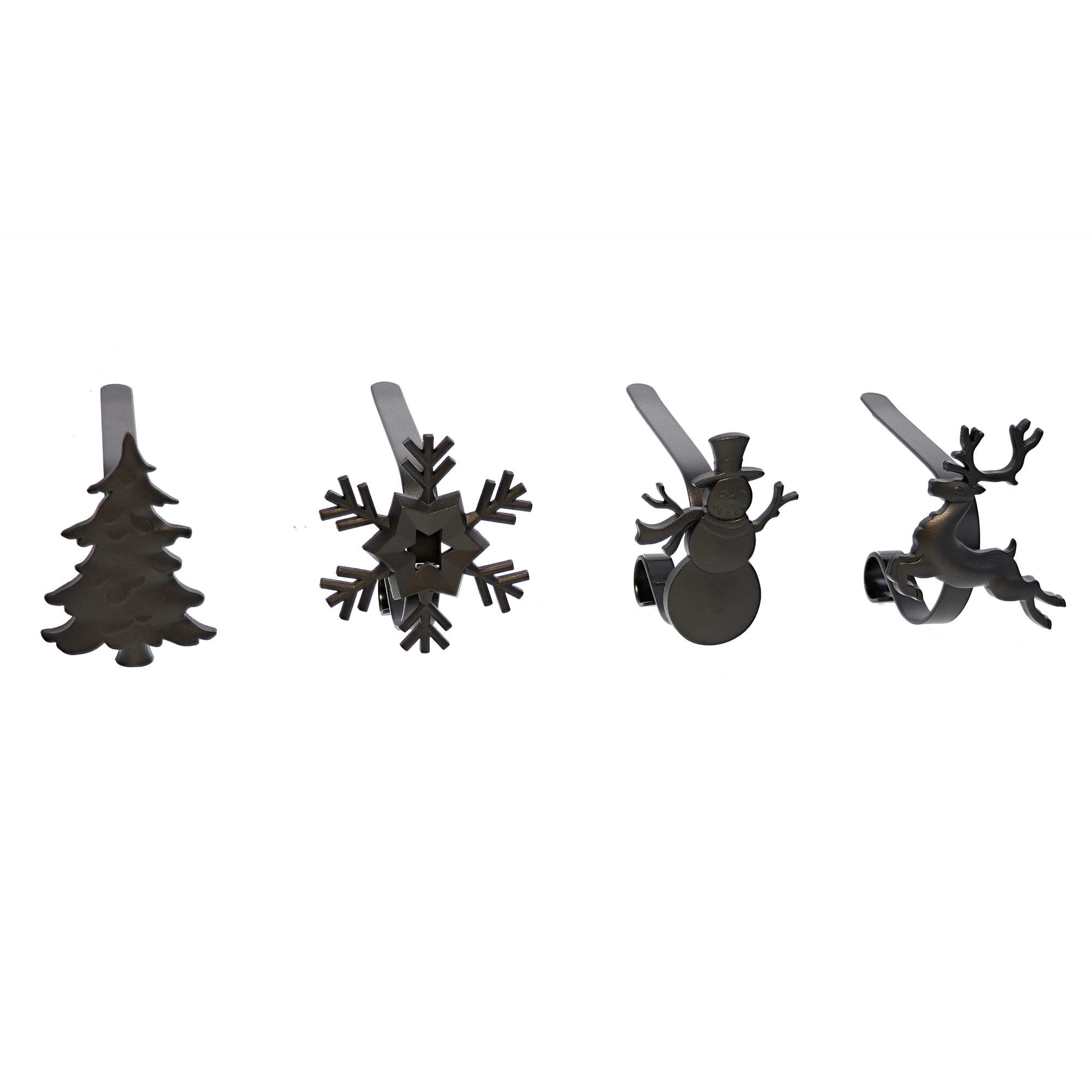 Matte Black Metal MantleClip Stocking Holders with Holiday Icons, 4-Pack