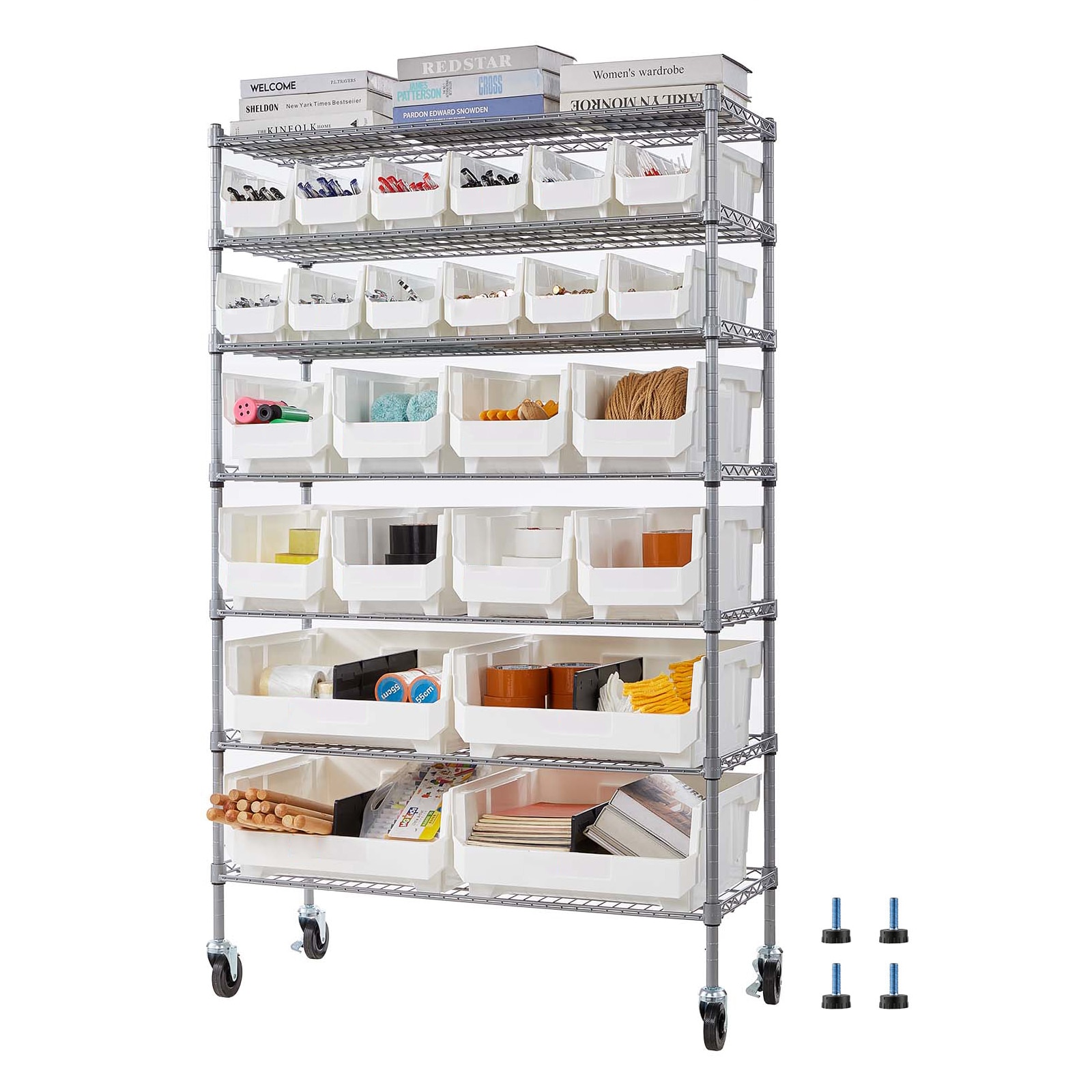 GIVIMO 7-Tier 24-Bin Rolling Steel Wire Storage Rack with Casters and Adjustable Shelves