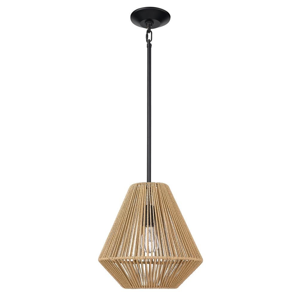 Matte Black and Natural Raphia Rope Medium Pendant Light