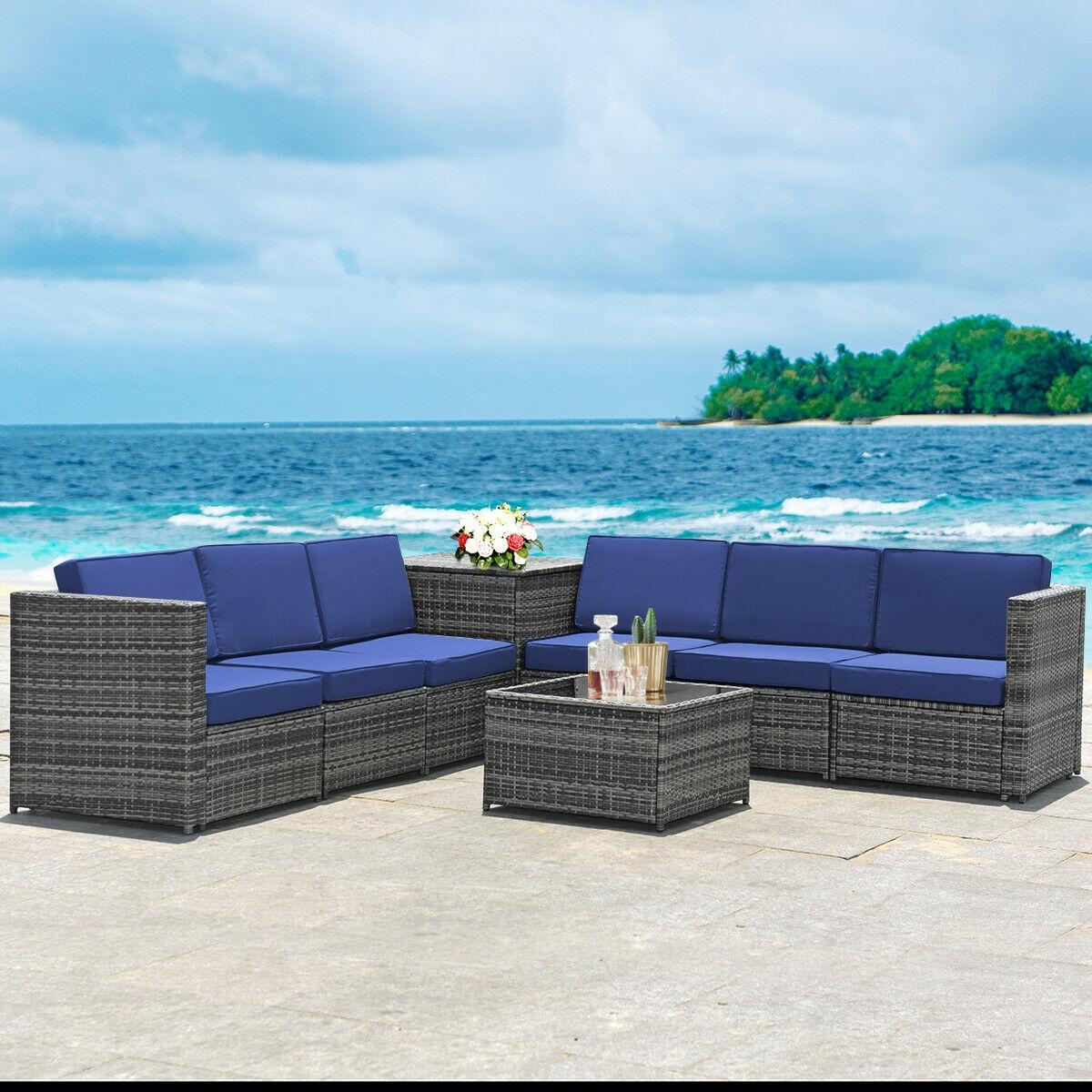 BABOOM BOM-82BNY+-CO 8 -Piece Rattan 2 Patio Sofa Conversation Set with Blue Cushions