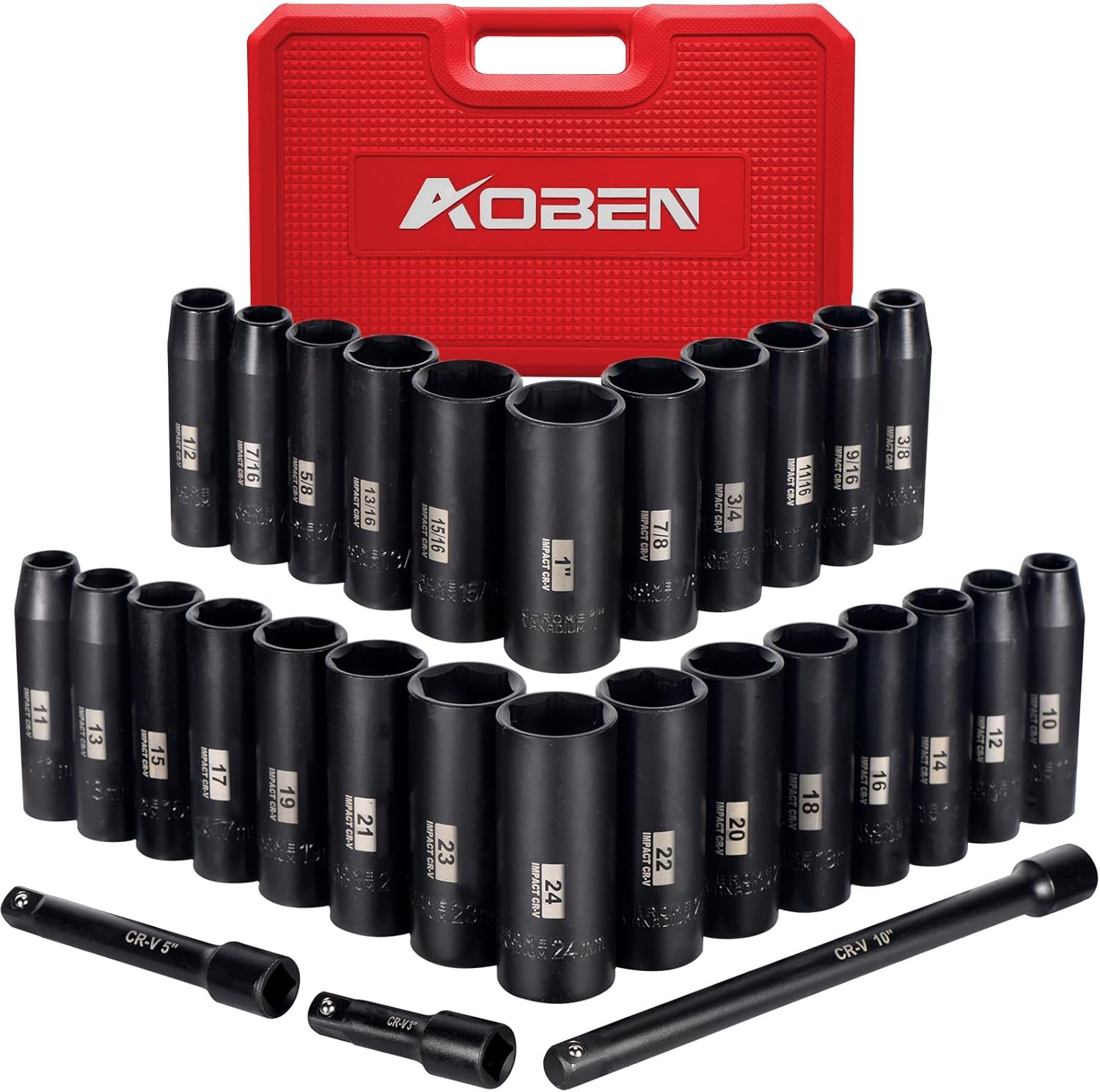 AOBEN 1 2 Inch Drive Impact Socket Set 29 Pieces 6 Point SAE Metric 3 8 1 10mm 24mm Deep Cr V Steel Includes 3 5 10 Extension bars #AB2115-29PC