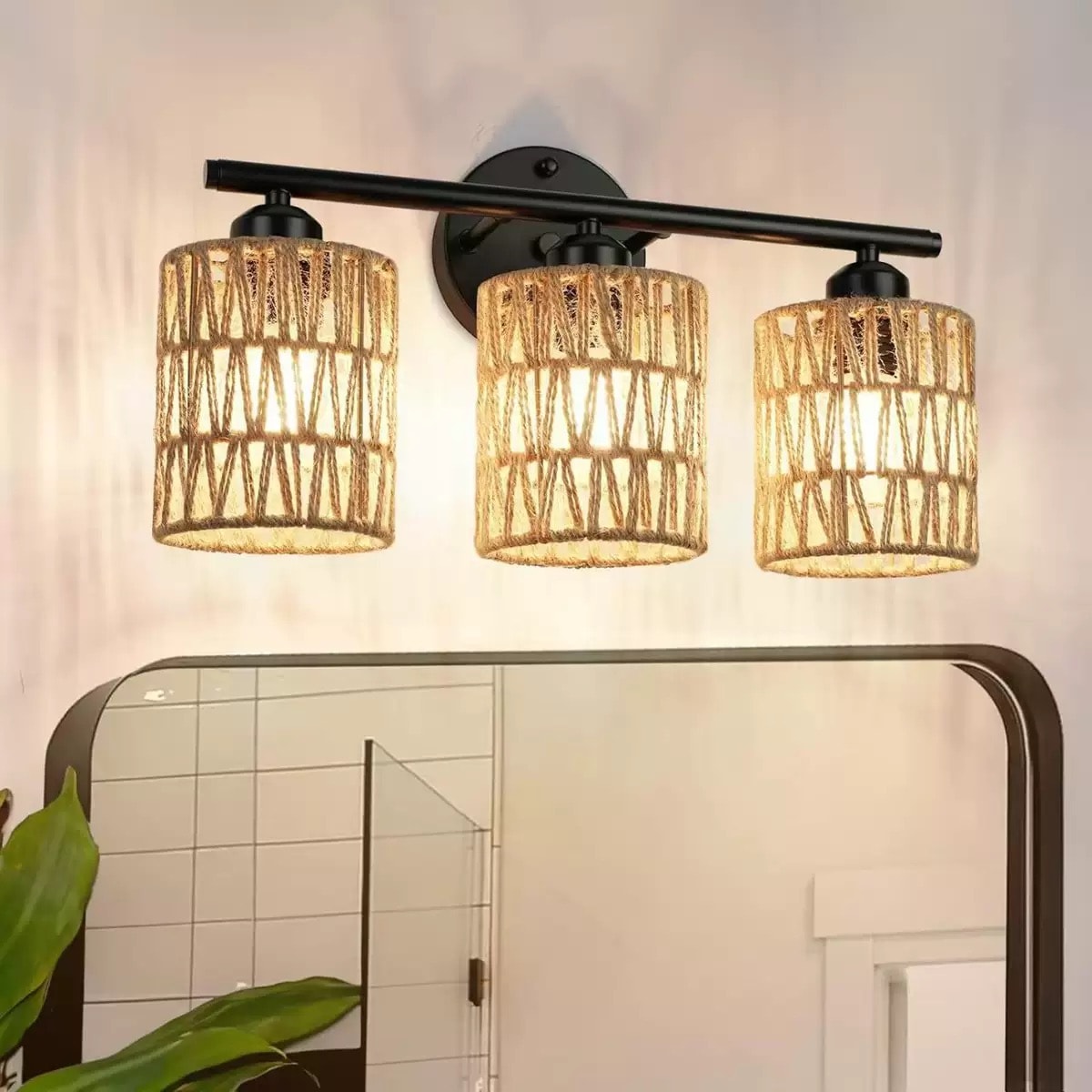 Fylbinye MOSHA-6G Black Bathroom Vanity Light with Woven Rattan 18.11-in 3 -Light Matte Black Modern/contemporary Vanity light