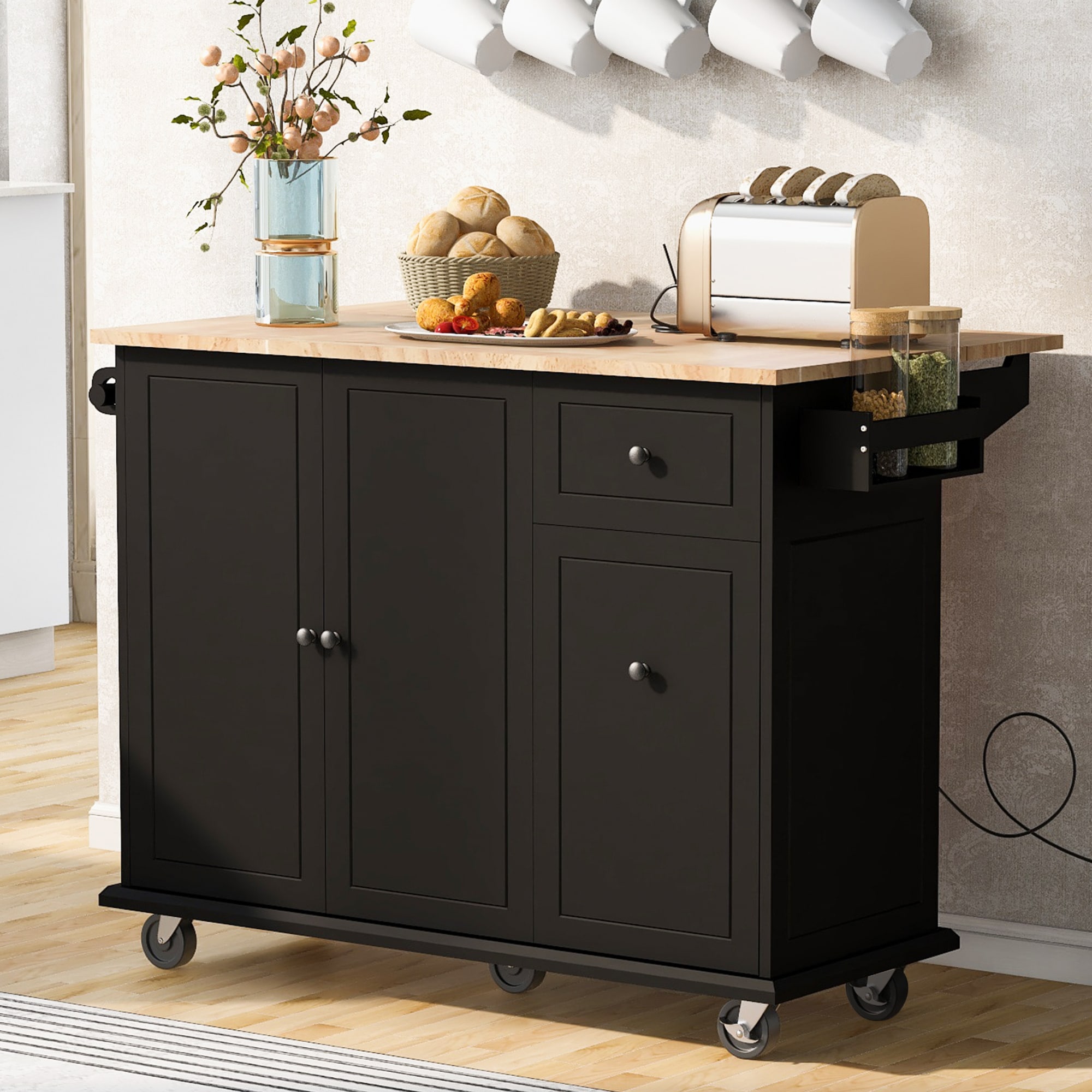 BABOOM Black Mdf Base with Wood Top Rolling Kitchen Island (28.7-in x ...