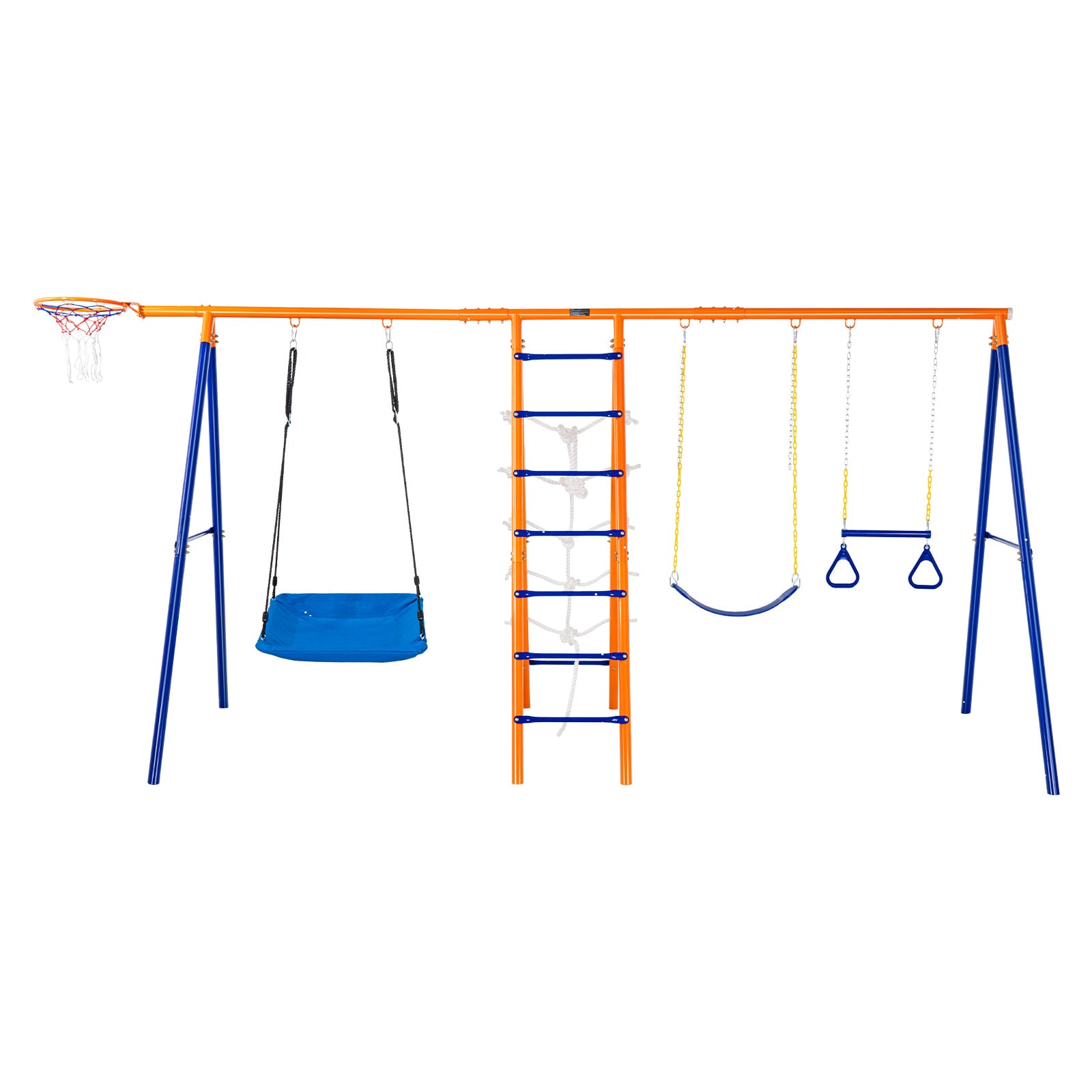 VEVOR SCAXQQTZ4RW004497V0 Swing Sets for Backyard 6 in 1 Swing Set with 2 Swings Trapeze Bar Climbing Ladder Climbing Net and Basketball Hoop 440lbs Load Capacity Heavy-Duty Metal Swingset Outdoor for Kids Ages 3+