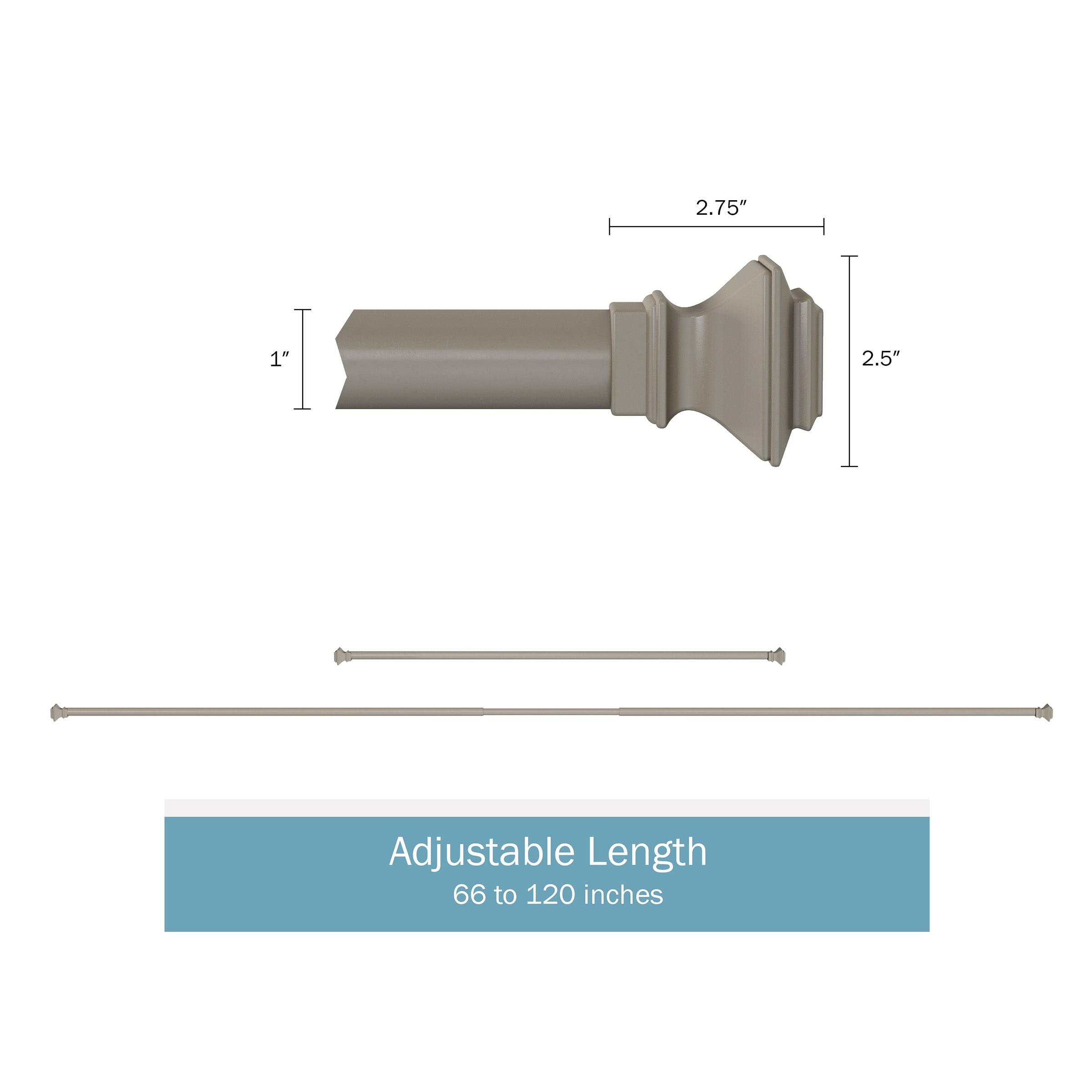 Hastings Home 66-120" Gray Curtain Rod with Square Finials