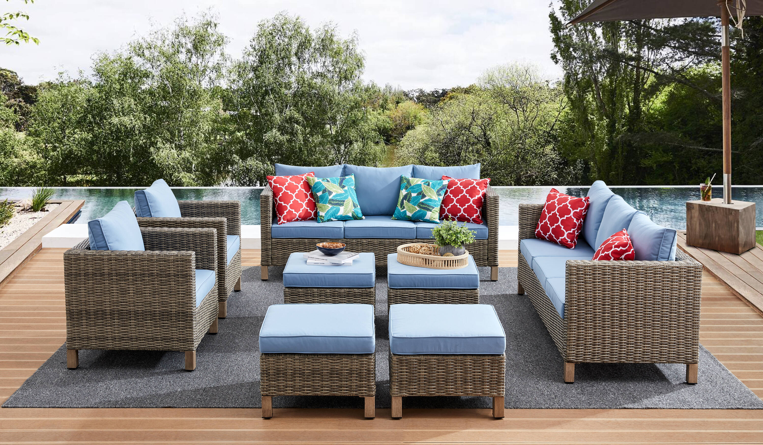 EDYO LIVING SMX05-BL 8 -Piece Wicker 2 Patio Sofa Conversation Set with Blue Cushions