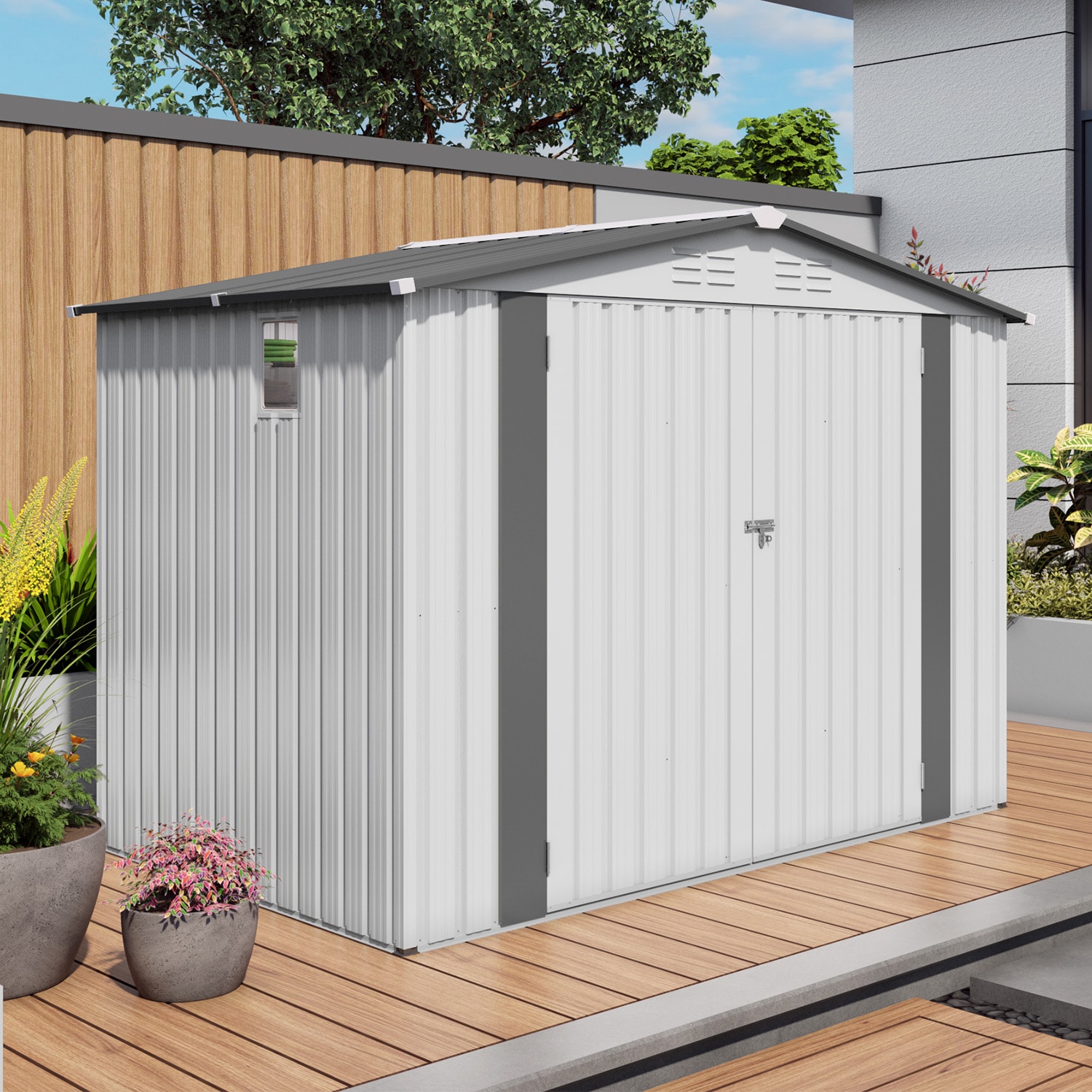 Tatayosi JL3P309388 8X6 FT Metal Outdoor Storage Shed Tool Shed with Pitched Roof Waterproof with Side Window and Lockable Door Metal Tool Shed for Garden Tool Storage Everyday Sundries and Bike Storage White + Gray