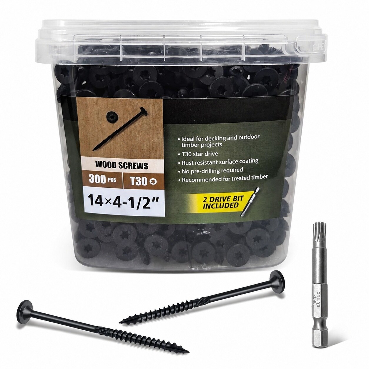 Phewnyzo  Outdoor Deck Screws 300 pcs Number 14 Four and One Half Inch Epoxy Coated Rust Resistant for Wood Timber Landscaping T30 Star Bit