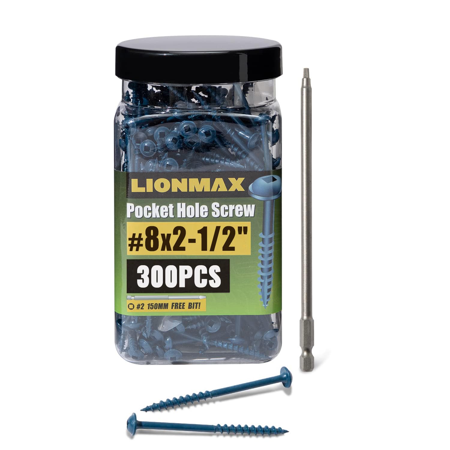 LIONMAX  Pocket Hole Screws 8 x 2 1 2 Inch 300PCS Exterior Pocket Screws Rust Resistant Blue Coated Coarse Thread Square Drive Washer Head for Outdoor Use Self Tapping 150MM Drive Bit Included