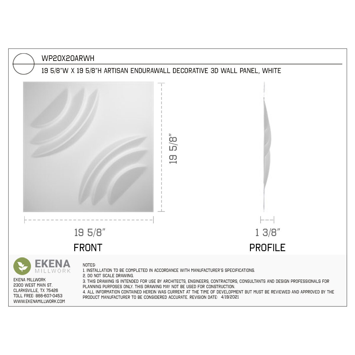 Ekena Millwork WP20X20ARWH-CASE-50 Wall-Panels - View #2