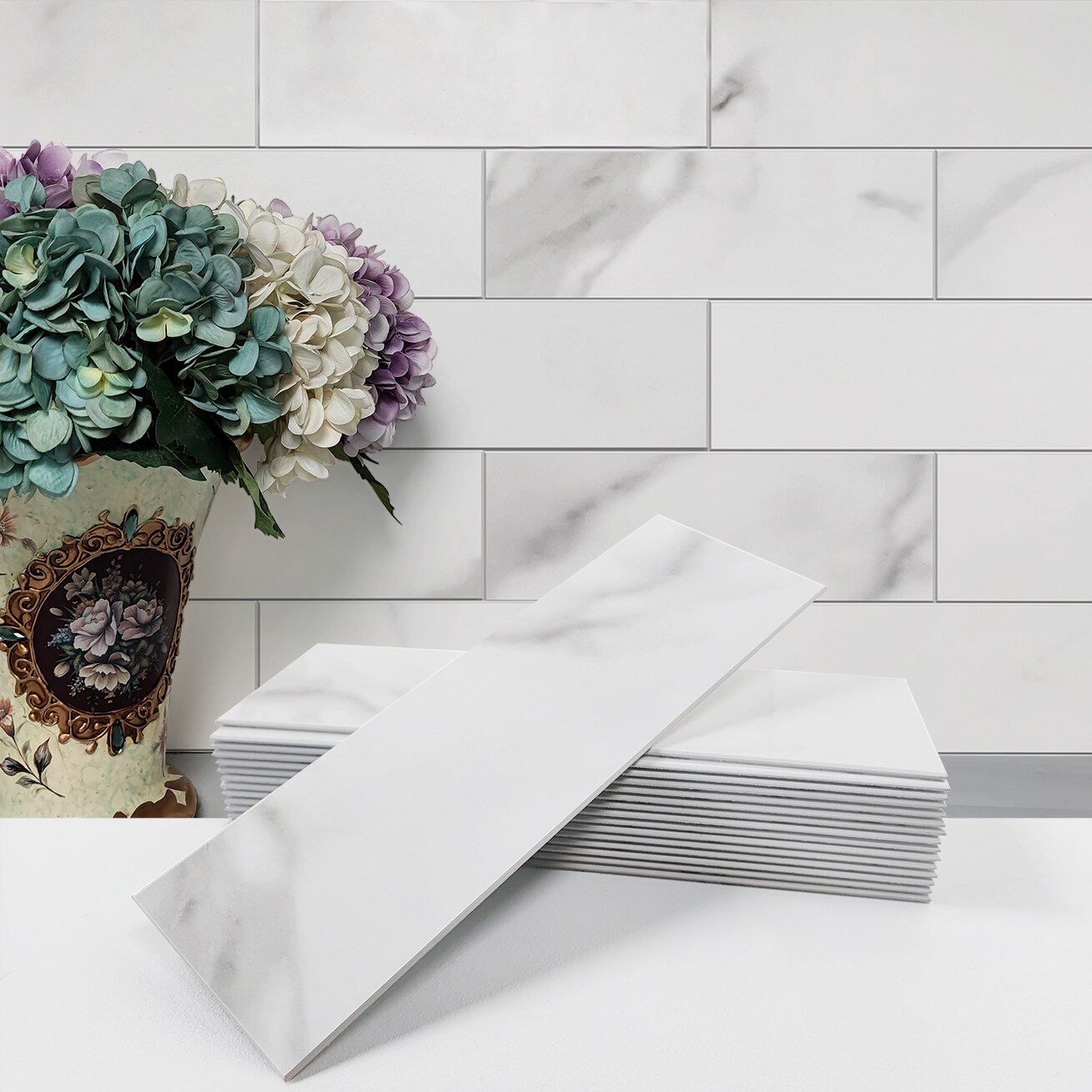 Avant Decor BM4M-ST01:SMP Sample- Bex Metro Matte Calacatta 4-in x 12-in Matte Glass/Metal/Stone Subway Wall Tile