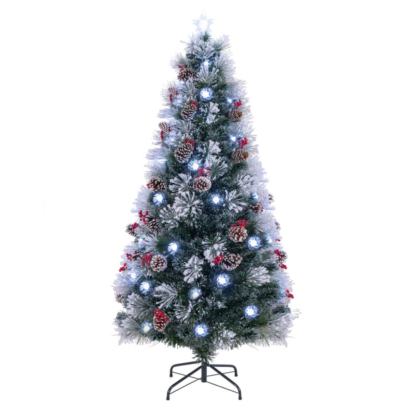 SUGIFT 7-ft Pre-Lit Flocked Artificial Christmas Tree with 270 Branch Tips 76 LED Lights 30 Pine Cones 30 Red Berries 8 Lighting Modes UL Adapter Optical Fibers