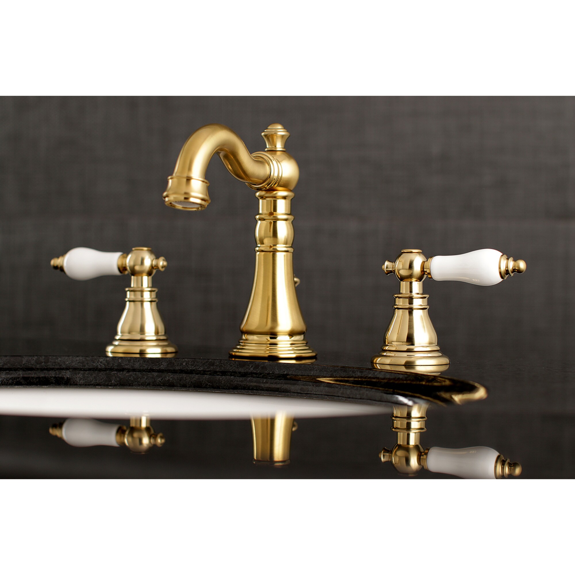 Kingston Brass WLFSC1973APL American Patriot Brushed brass Widespread 2-handle Mid-arc Residential Handle Bathroom Sink Faucet with Drain
