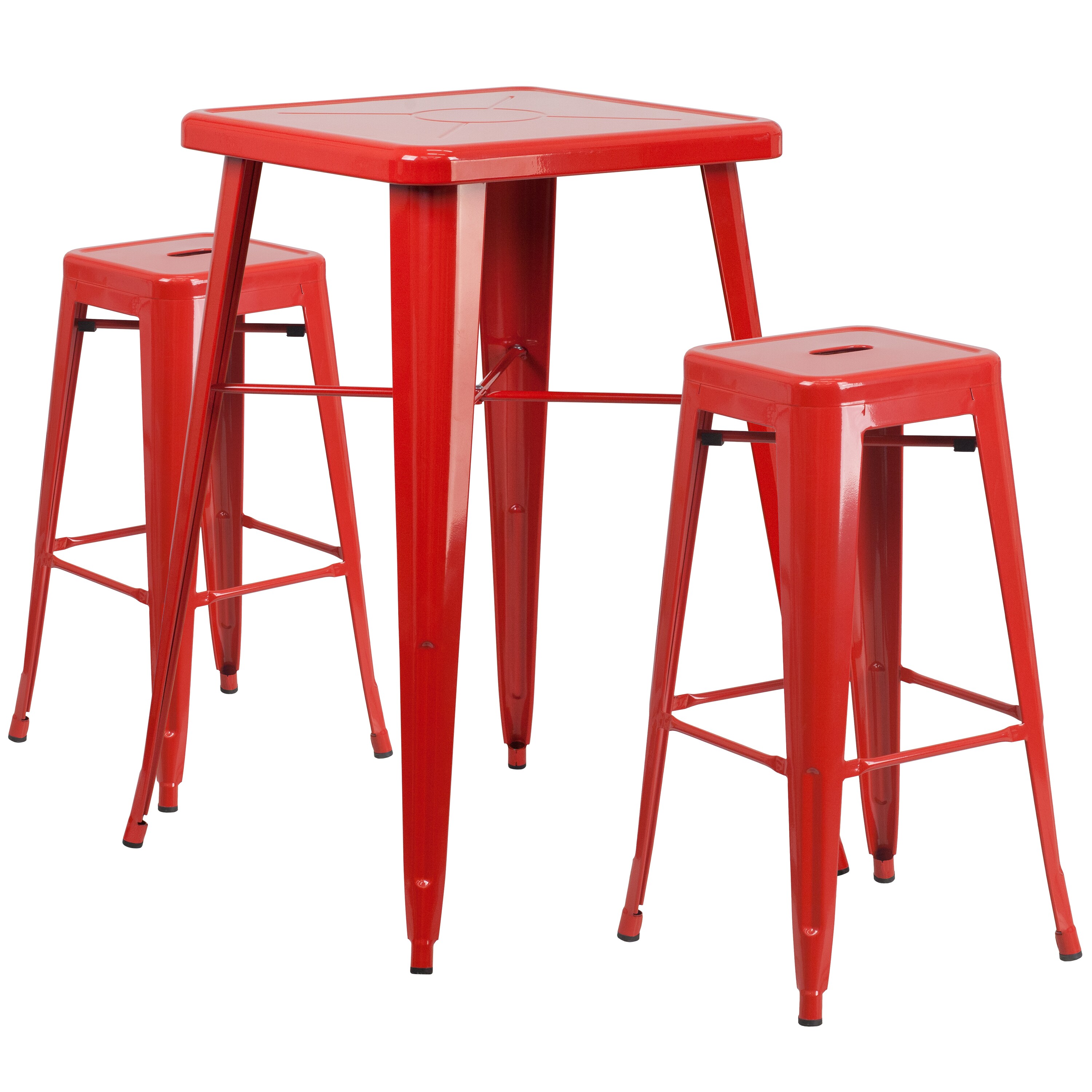 Flash Furniture 889142025757 Stone Commercial Grade 23.75-in Square Red Metal Indoor-Outdoor Bar Table Set with 2 Square Seat Backless Stools