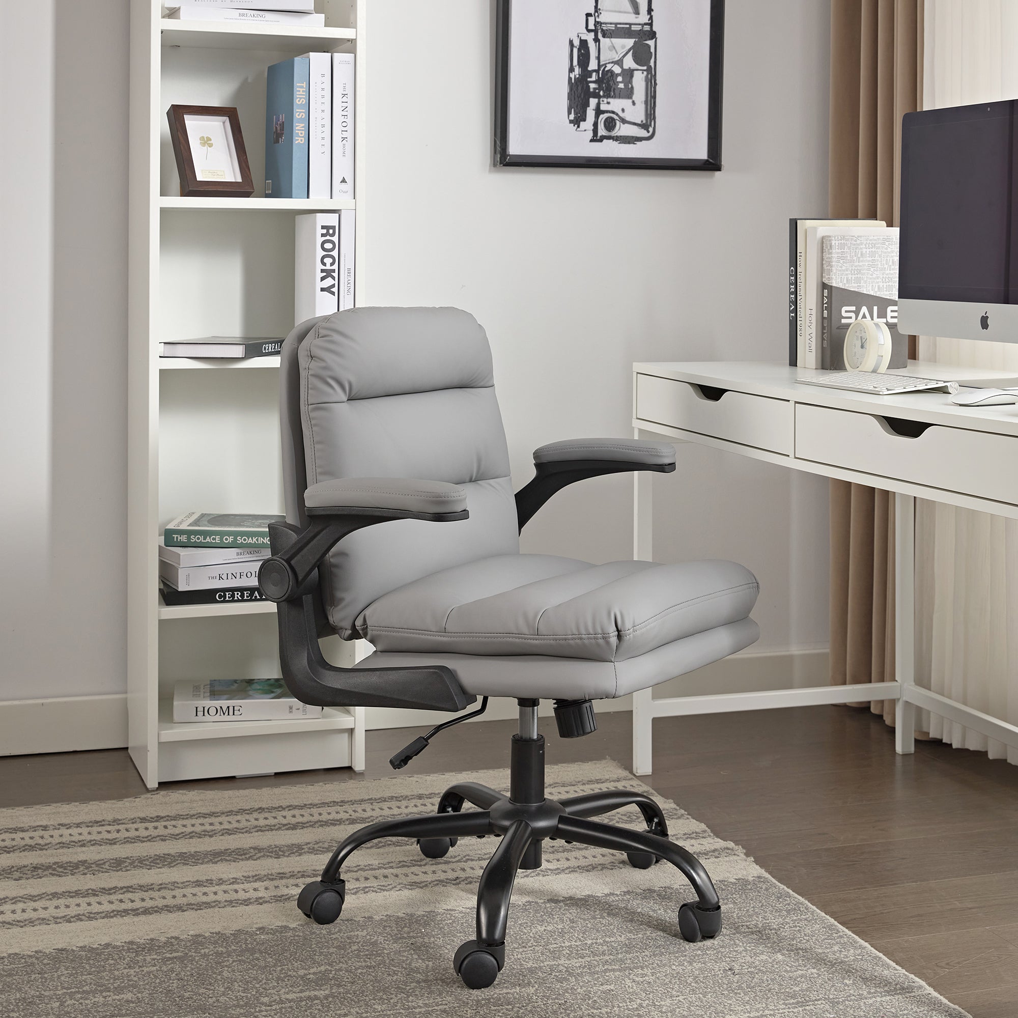 Vecelo LOE-OC23-GRY PU Leather Ergonomic Home Office Chair Thick Padding Swivel Executive Computer Desk Chair With Upholstered Flip Up Arms