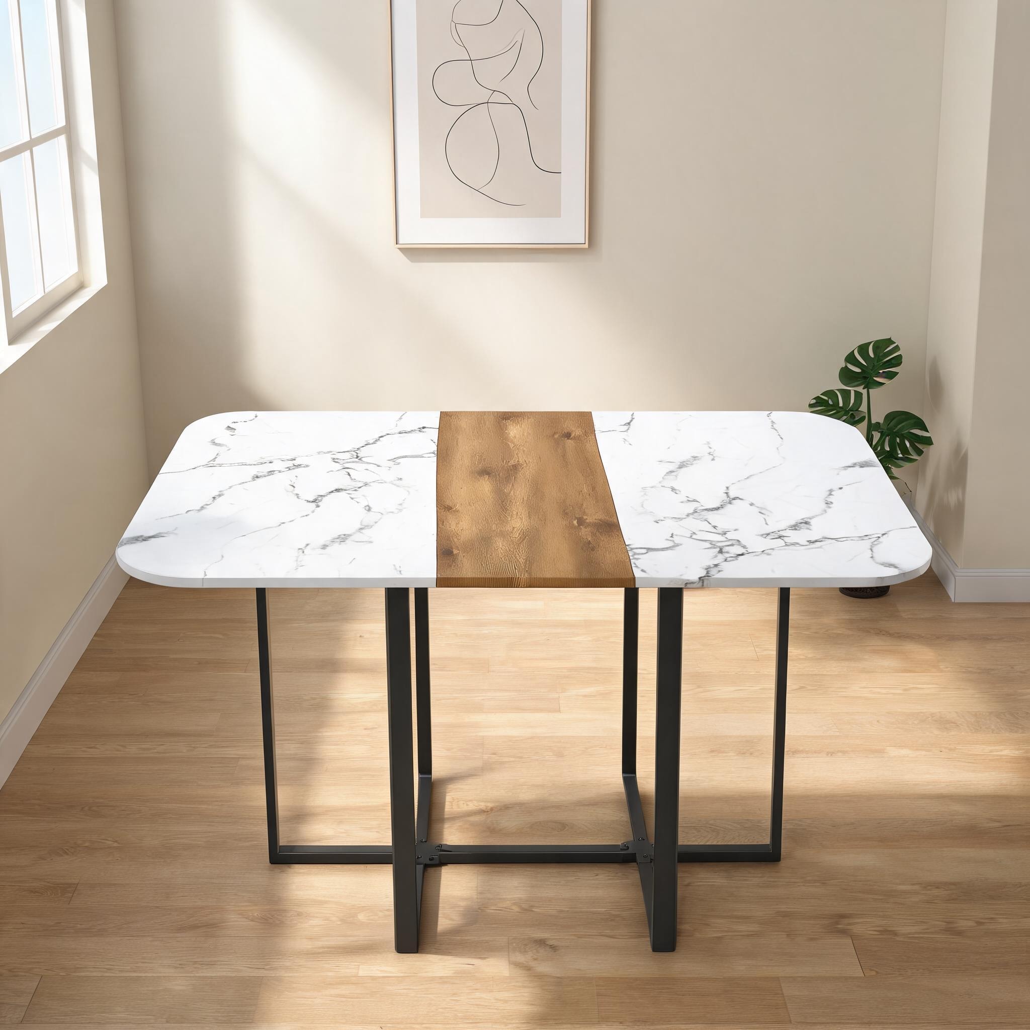 Watnature Modern Minimalist Industrial 4-Seater Dining Table MDF Top Metal Base Classic White and Natural Wood #W4DACHICX1GF